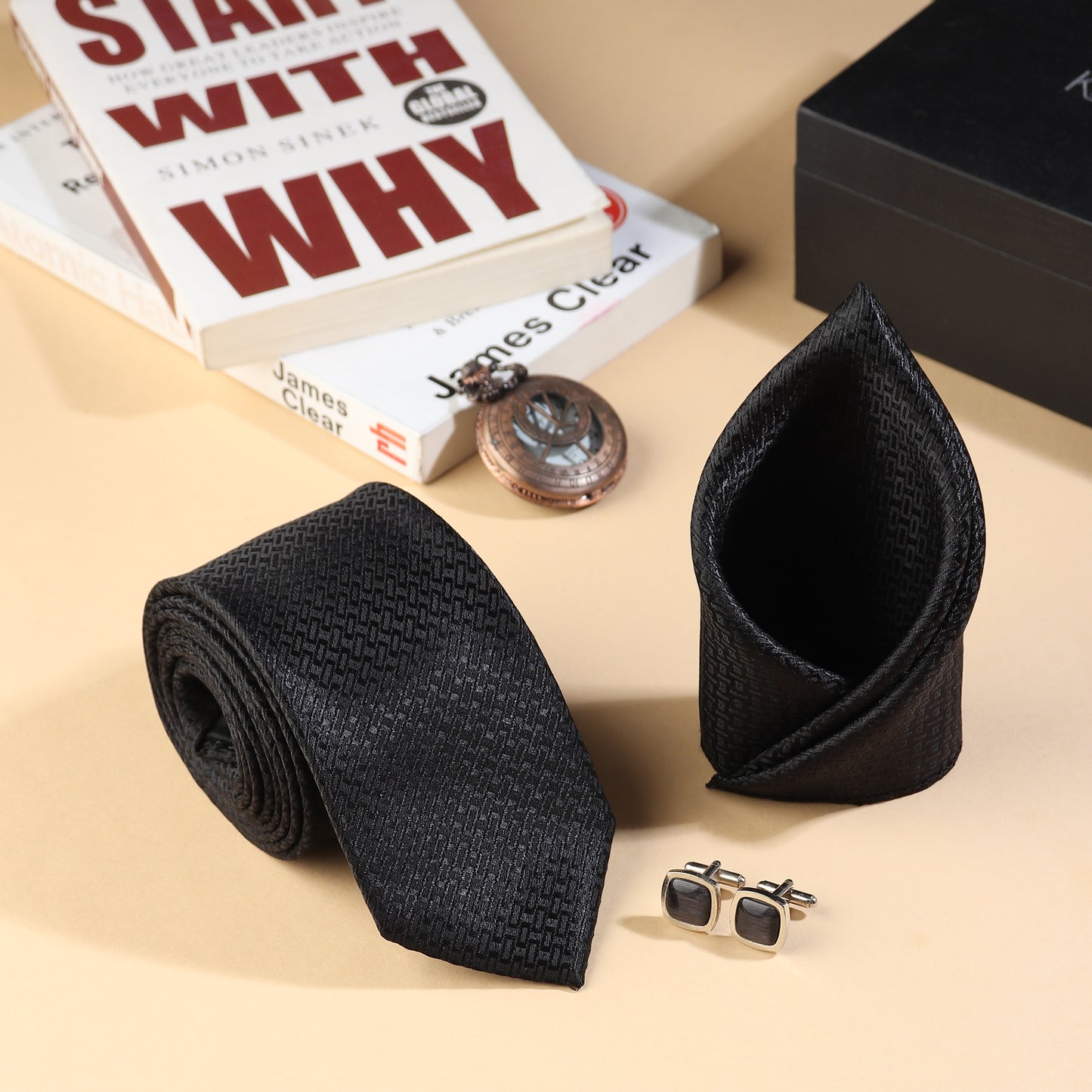 Kanthlangot Men’s 3-Piece Formal Set – Black Geometric Tie, Pocket Square & Rounded Matte Black Cufflinks (3-Inch Necktie)