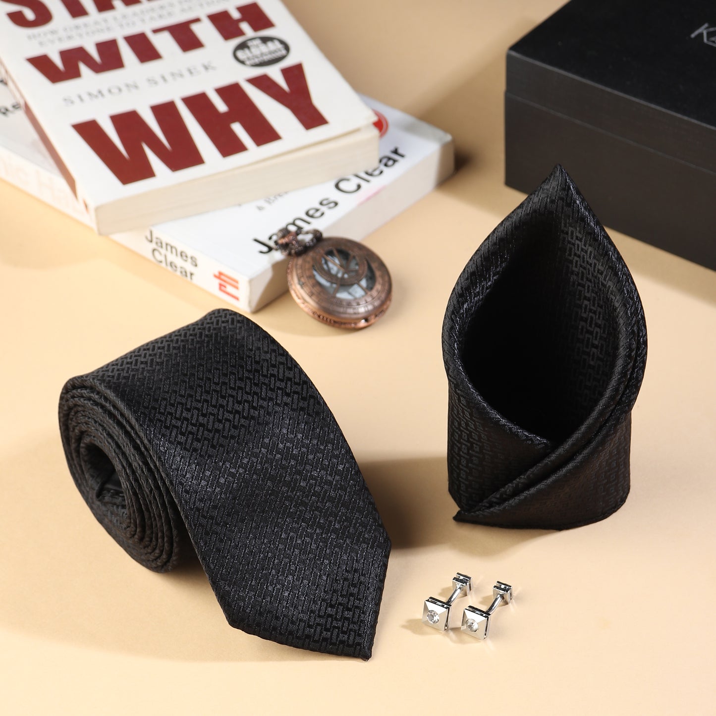 Kanthlangot Men’s 3-Piece Formal Set – Black Geometric Tie, Pocket Square & Crystal Pyramid Cufflinks (3-Inch Necktie)