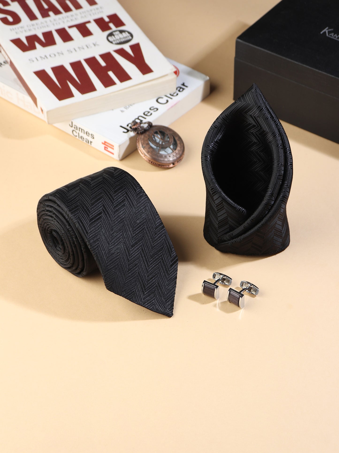 Kanthlangot Men’s 3-Piece Formal Set – Black Herringbone Tie, Pocket Square & Rectangular Black Cufflinks (3-Inch Necktie)