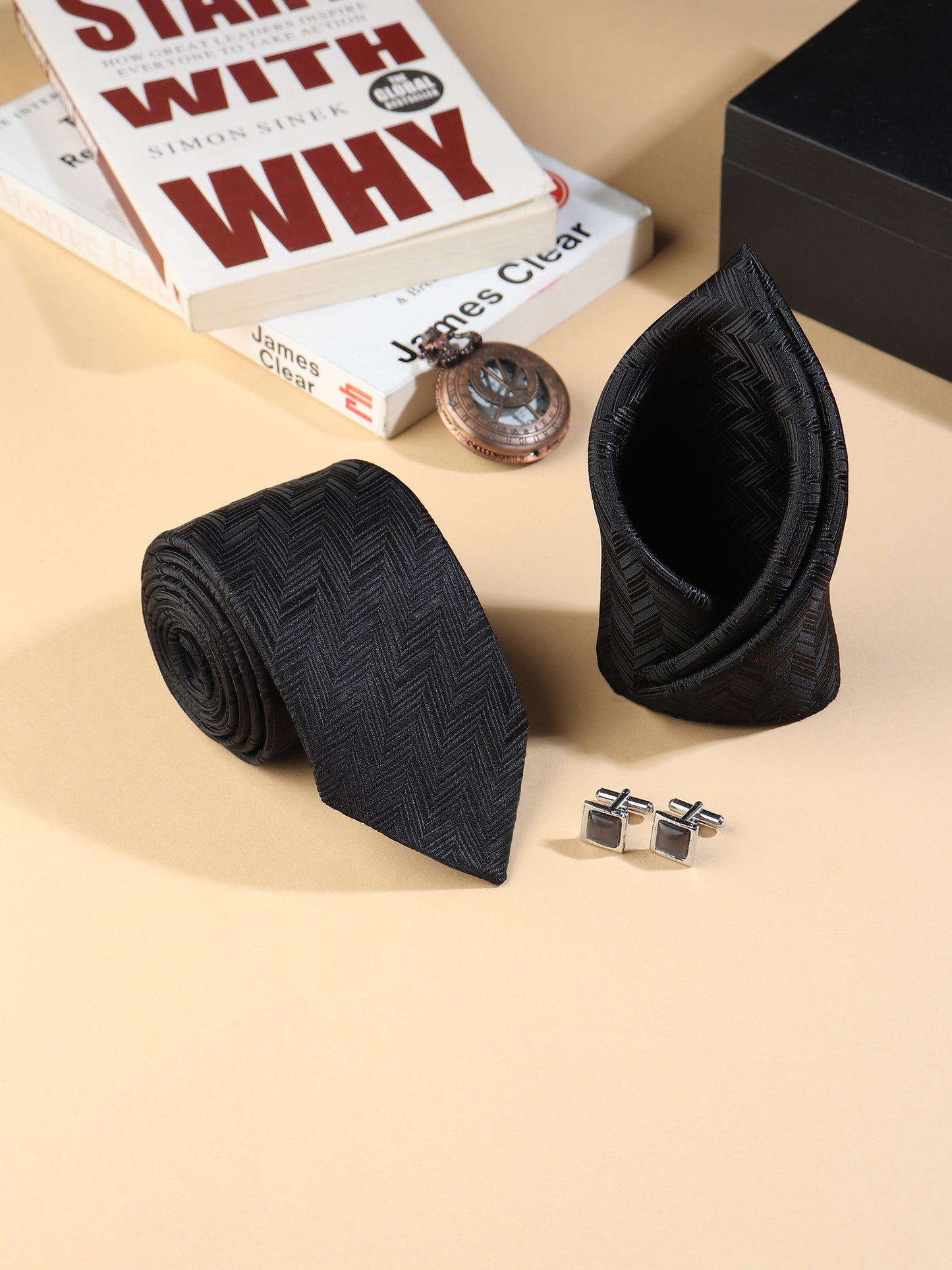 Kanthlangot Men’s 3-Piece Formal Set – Black Herringbone Tie, Pocket Square & Black Stone Cufflinks (3-Inch Necktie)