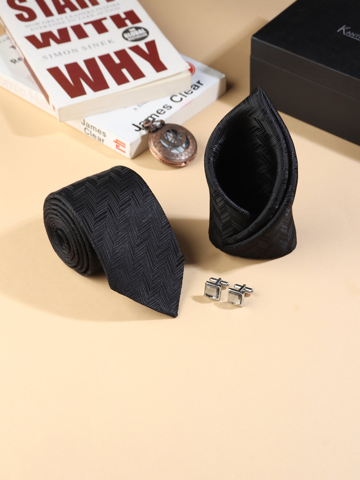 Kanthlangot Men’s 3-Piece Formal Set – Black Herringbone Tie, Pocket Square & Silver Light Stone Cufflinks (3-Inch Necktie)