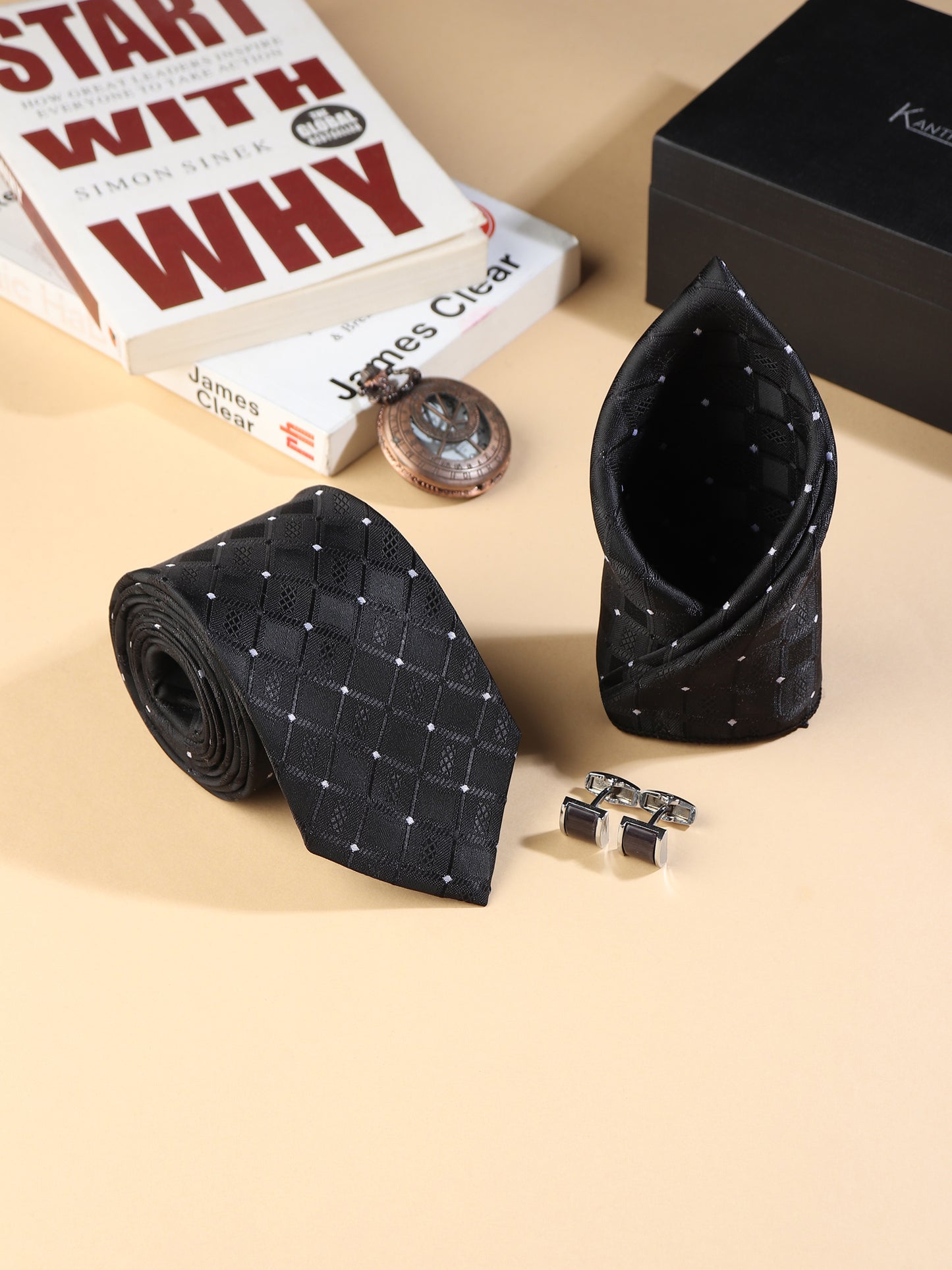 Kanthlangot Men’s 3-Piece Formal Set – Black Diamond Pattern Tie, Pocket Square & Rectangular Black Cufflinks (3-Inch Necktie)