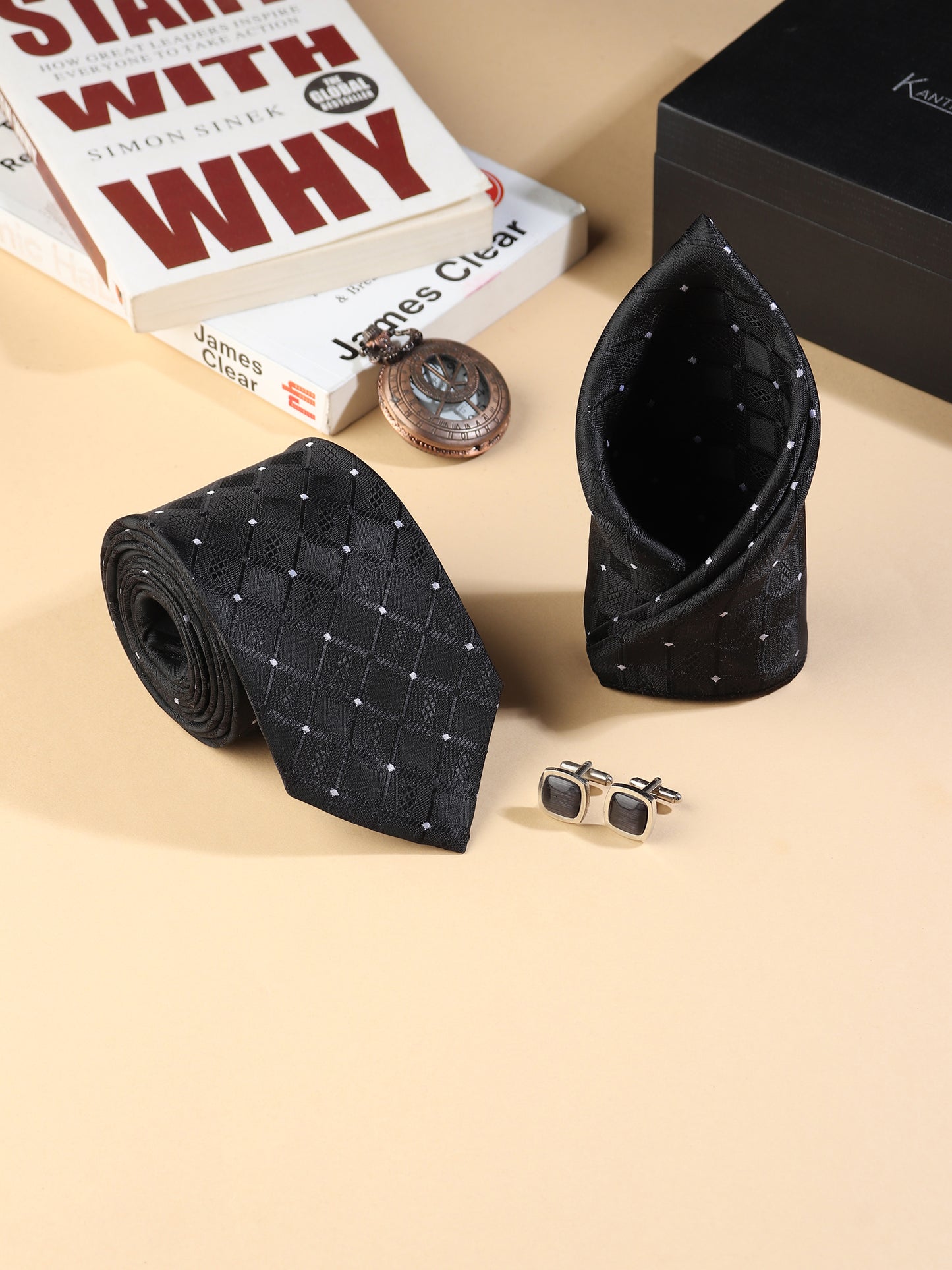 Kanthlangot Men’s 3-Piece Formal Set – Black Diamond Tie, Pocket Square & Rounded Matte Black Cufflinks (3-Inch Necktie)