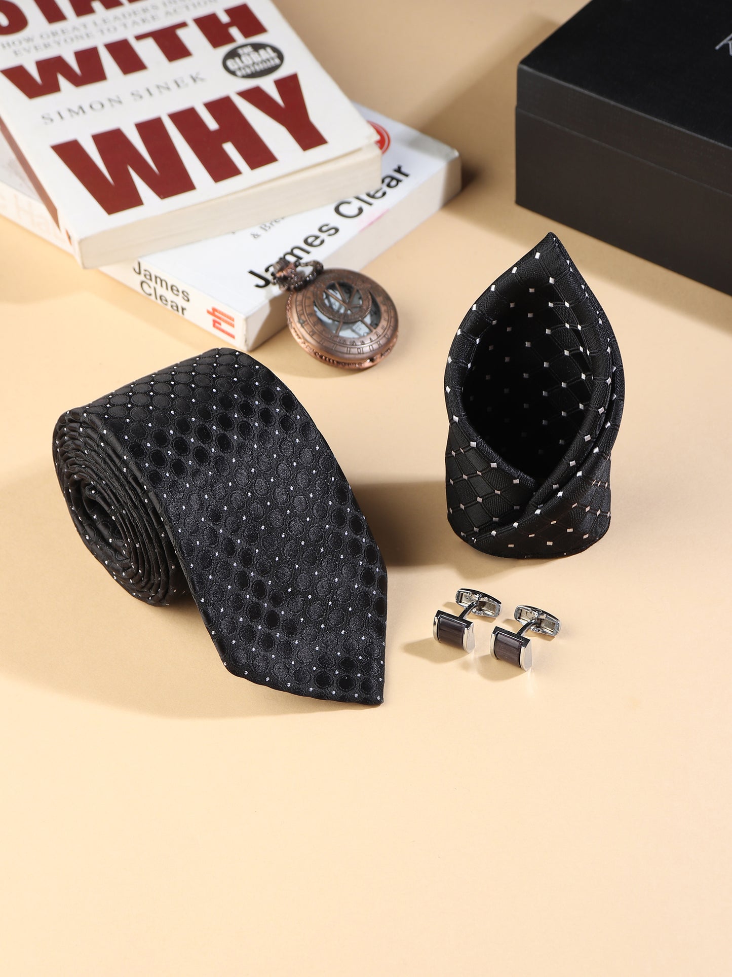 Kanthlangot Men’s 3-Piece Formal Set – Black Dot-Grid Tie, Pocket Square & Rectangular Black Cufflinks (3-Inch Necktie)