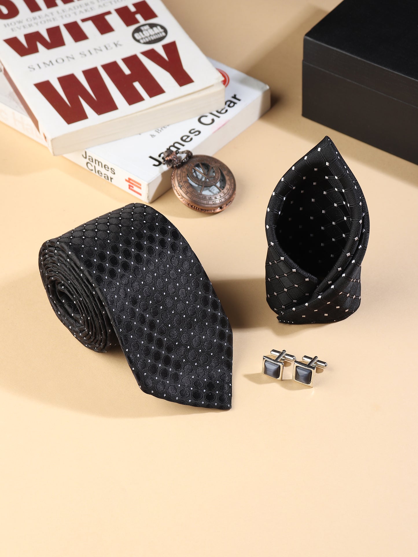 Kanthlangot Men’s 3-Piece Formal Set – Black Dot-Grid Tie, Pocket Square & Grey Cat’s Eye Cufflinks (3-Inch Necktie)