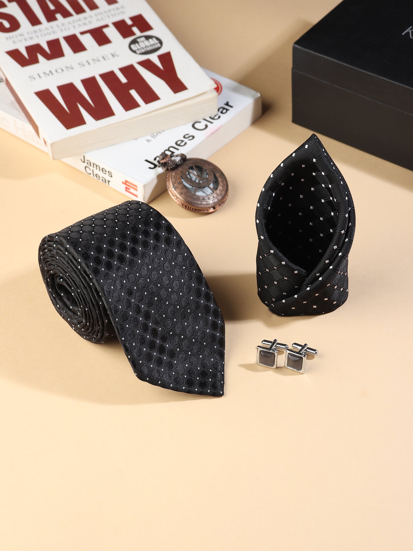Kanthlangot Men’s 3-Piece Formal Set – Black Dot-Grid Tie, Pocket Square & Square Dark Stone Cufflinks (3-Inch Necktie)