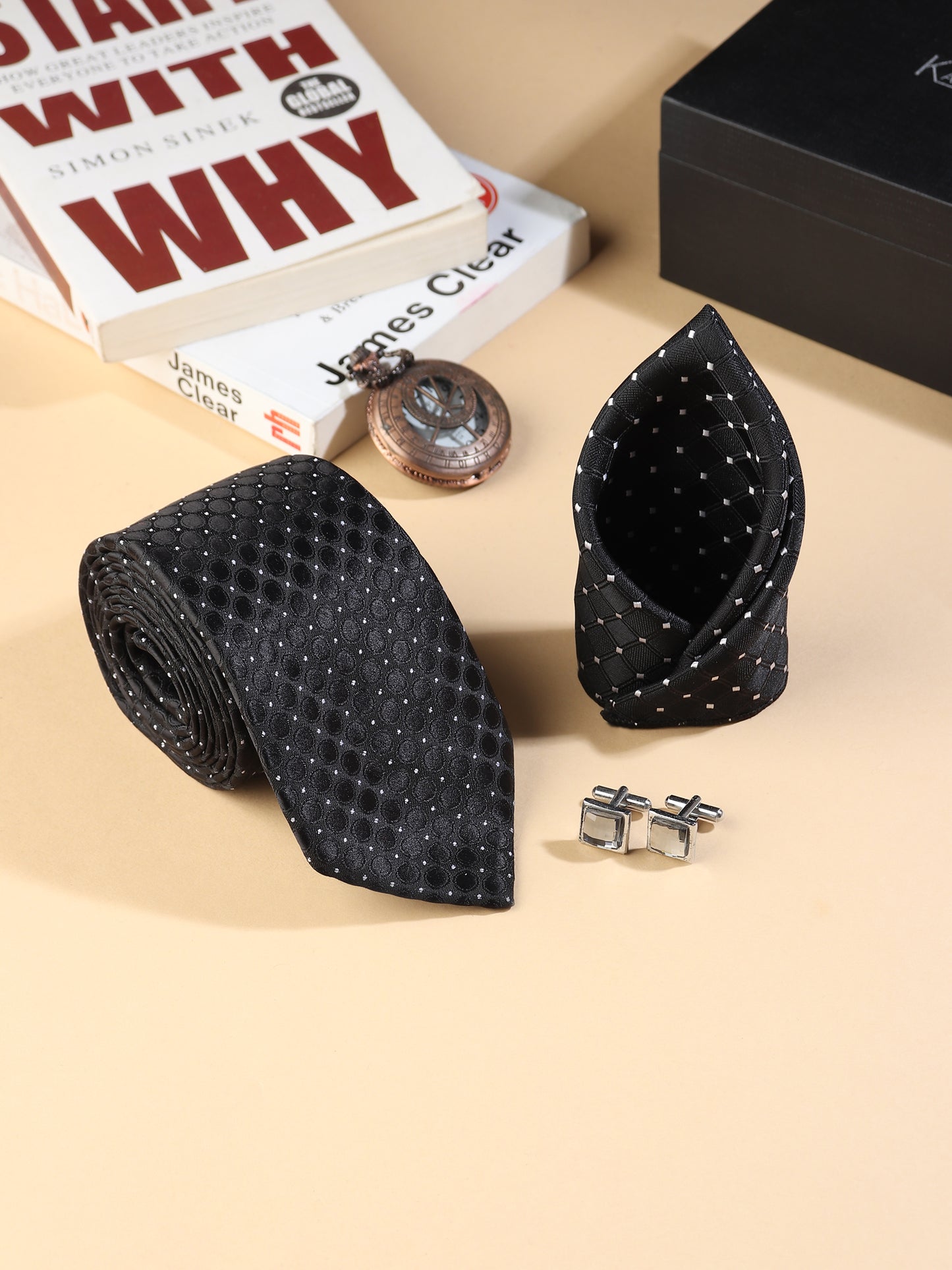 Kanthlangot Men’s 3-Piece Formal Set – Black Dot-Grid Tie, Pocket Square & Square Light Stone Cufflinks (3-Inch Necktie)