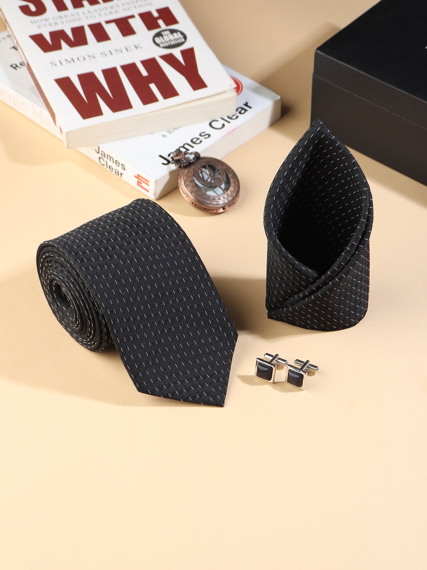 Kanthlangot Men’s 3-Piece Formal Set – Black Micro-Dash Tie, Pocket Square & Jet Black Stone Cufflinks (3-Inch Necktie)