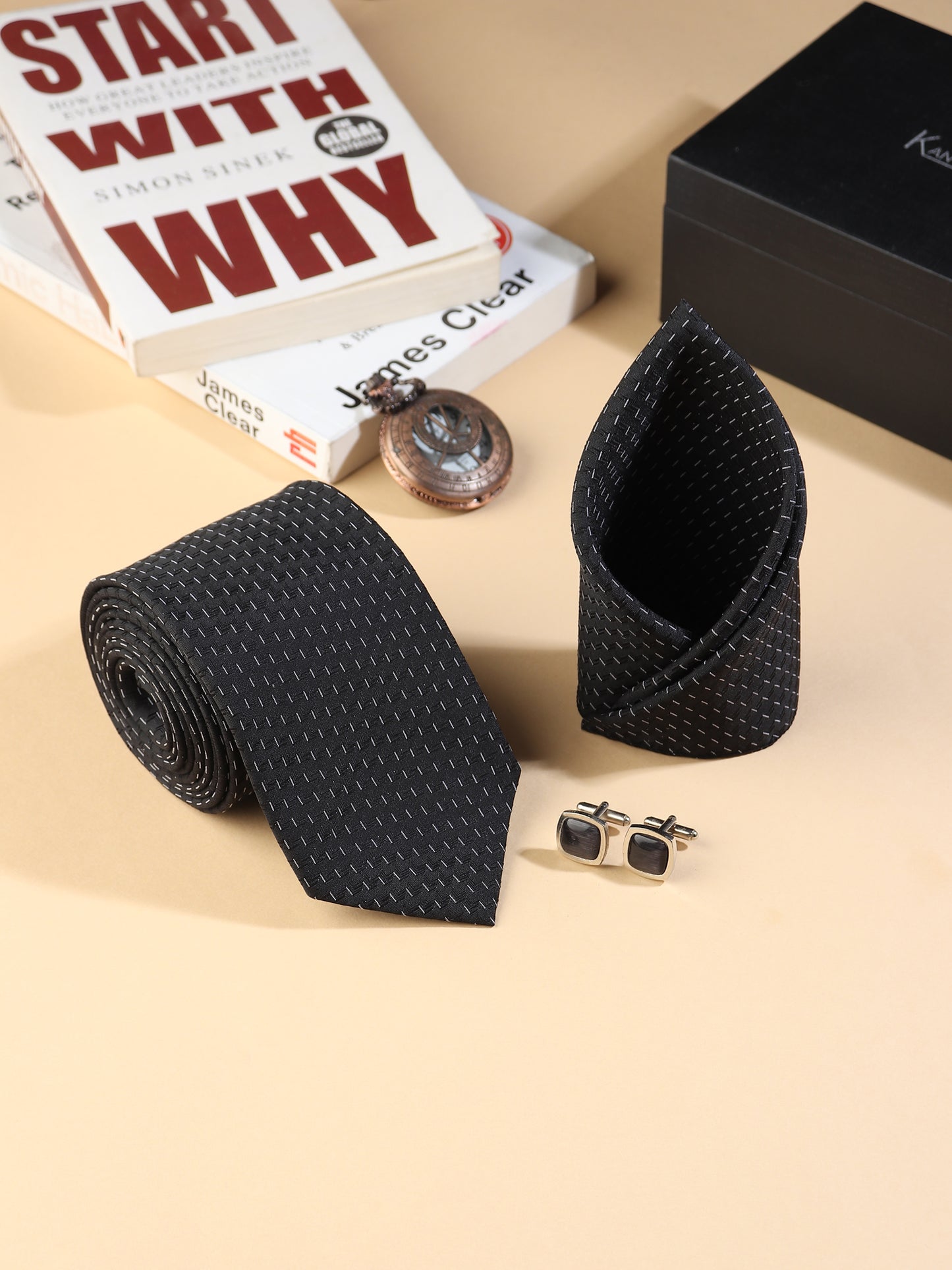 Kanthlangot Men’s 3-Piece Formal Set – Black Micro-Dash Tie, Pocket Square & Rounded Matte Black Cufflinks (3-Inch Necktie)