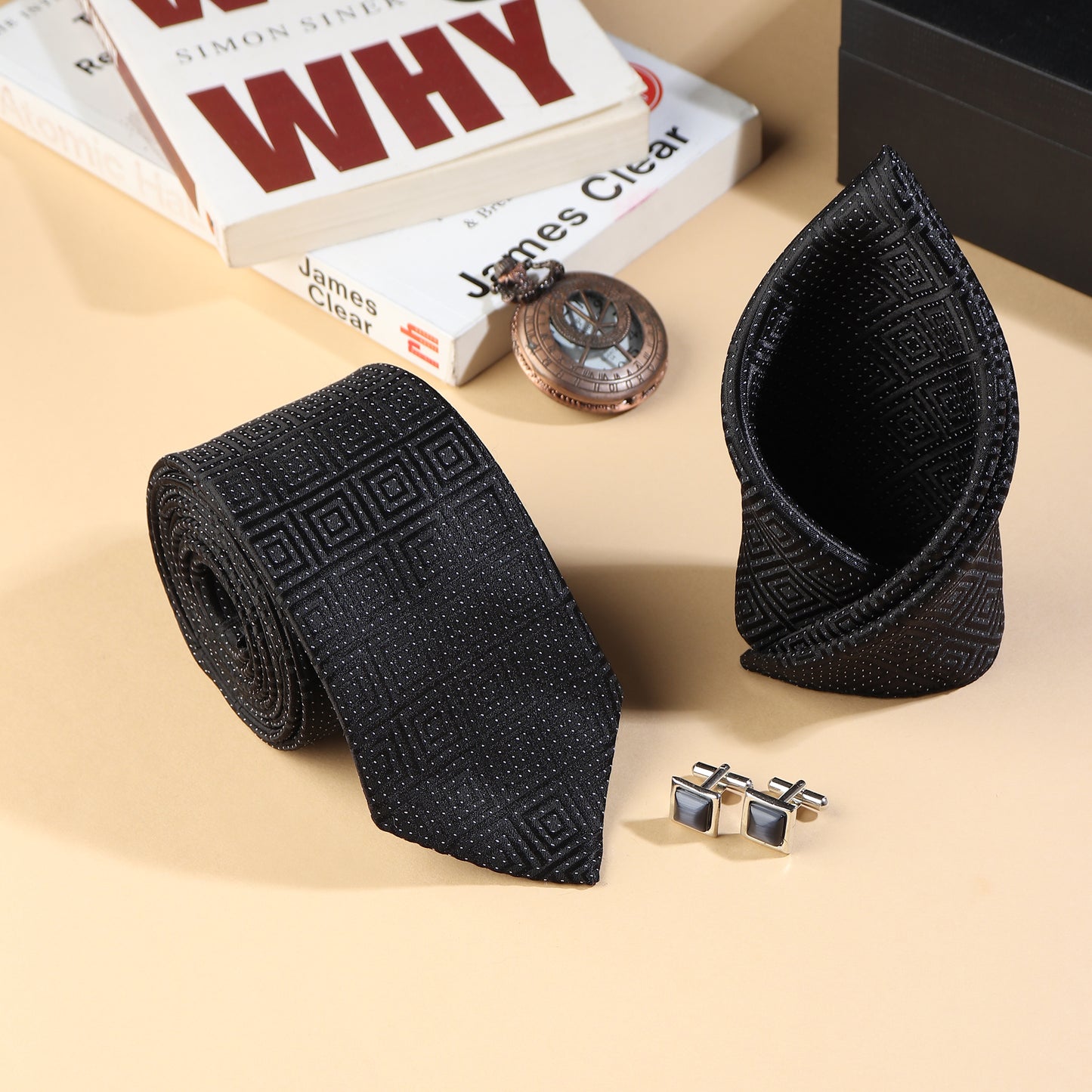 Kanthlangot Men’s 3-Piece Formal Set – Black Maze-Pattern Tie, Pocket Square & Grey Cat’s Eye Cufflinks (3-Inch Necktie)