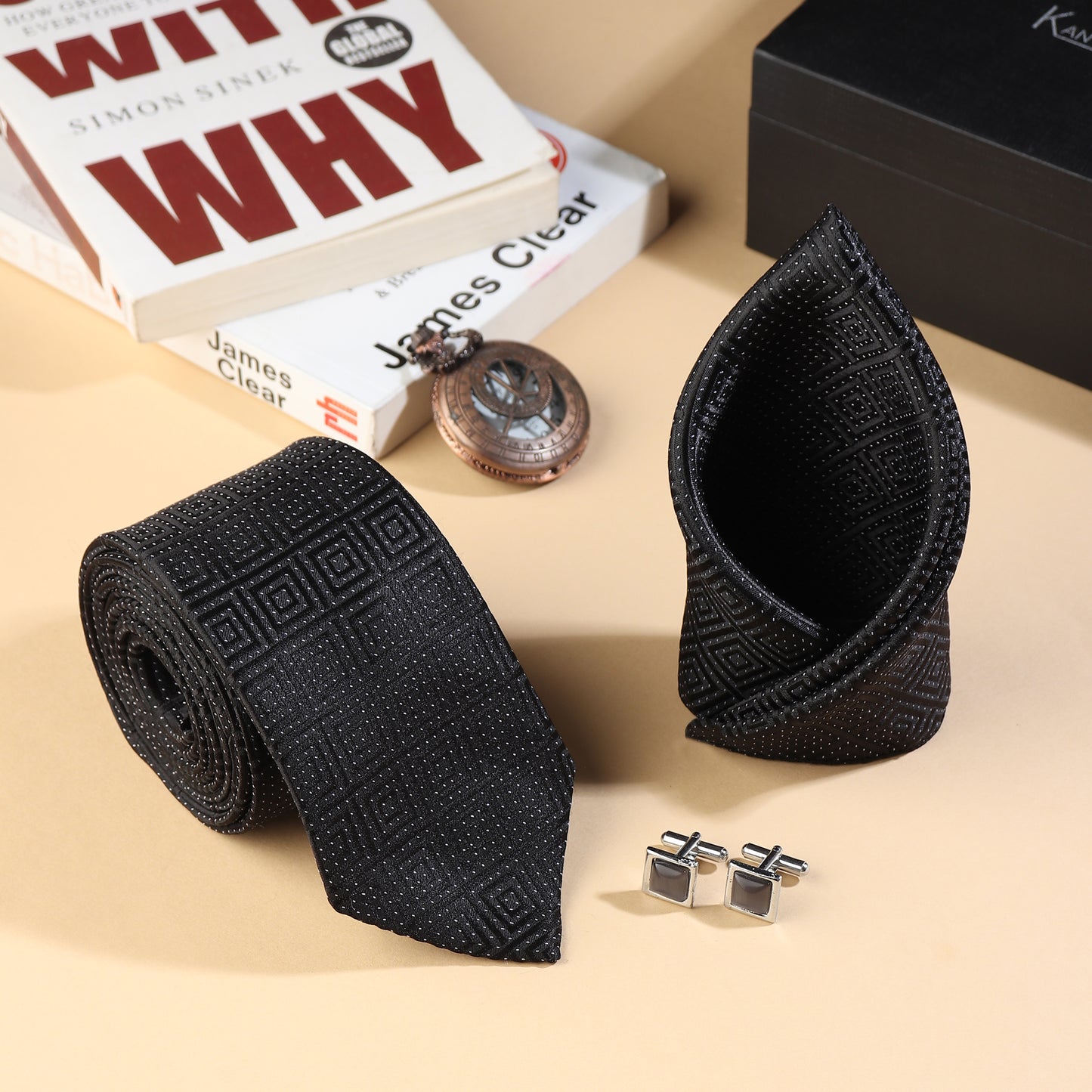 Kanthlangot Men’s 3-Piece Formal Set – Black Maze-Texture Tie, Pocket Square & Polished Grey Cufflinks (3-Inch Necktie)