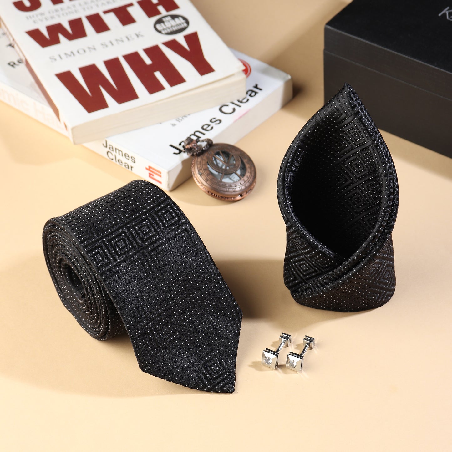 Kanthlangot Men’s 3-Piece Formal Set – Black Maze-Pattern Tie, Pocket Square & Crystal Pyramid Cufflinks (3-Inch Necktie)