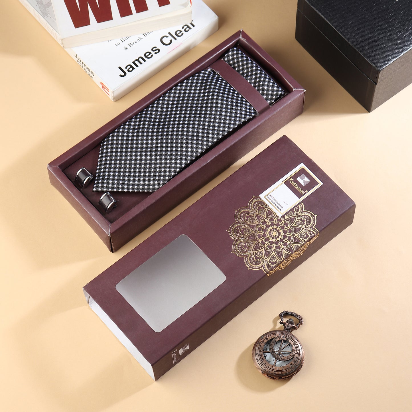 Kanthlangot Men’s 3-Piece Set – Micro-Check Black Tie, Pocket Square & Cufflinks (3-Inch Necktie)