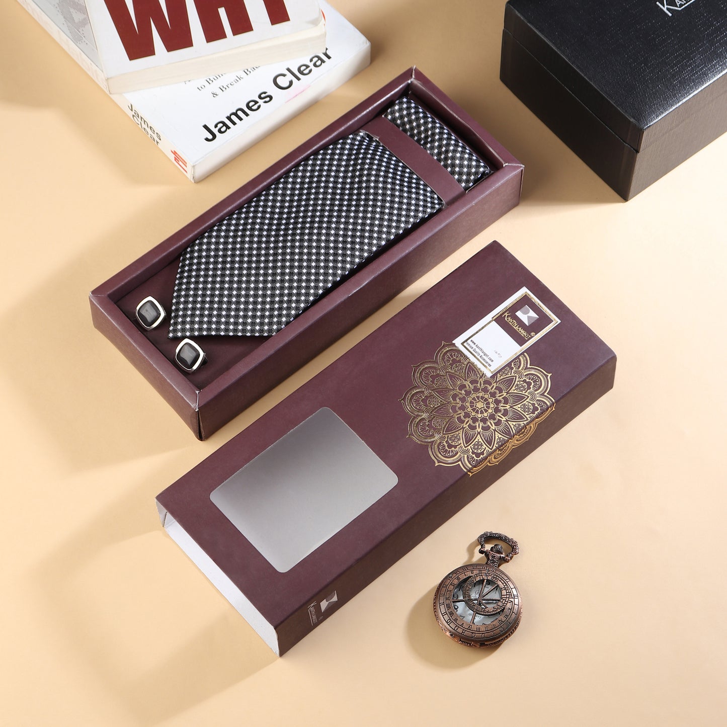 Kanthlangot Men’s 3-Piece Formal Set – Black Micro-Check Tie, Pocket Square & Rounded Stone Cufflinks (3-Inch Necktie)