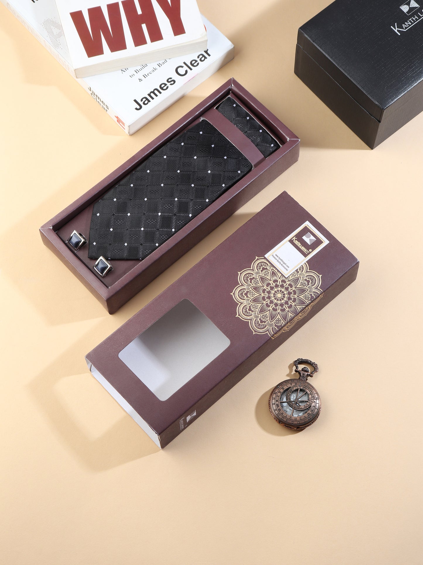 Kanthlangot black diamond pattern tie set with pocket square & rectangular black cufflinks. Elegant, detailed, and made for standout formals.