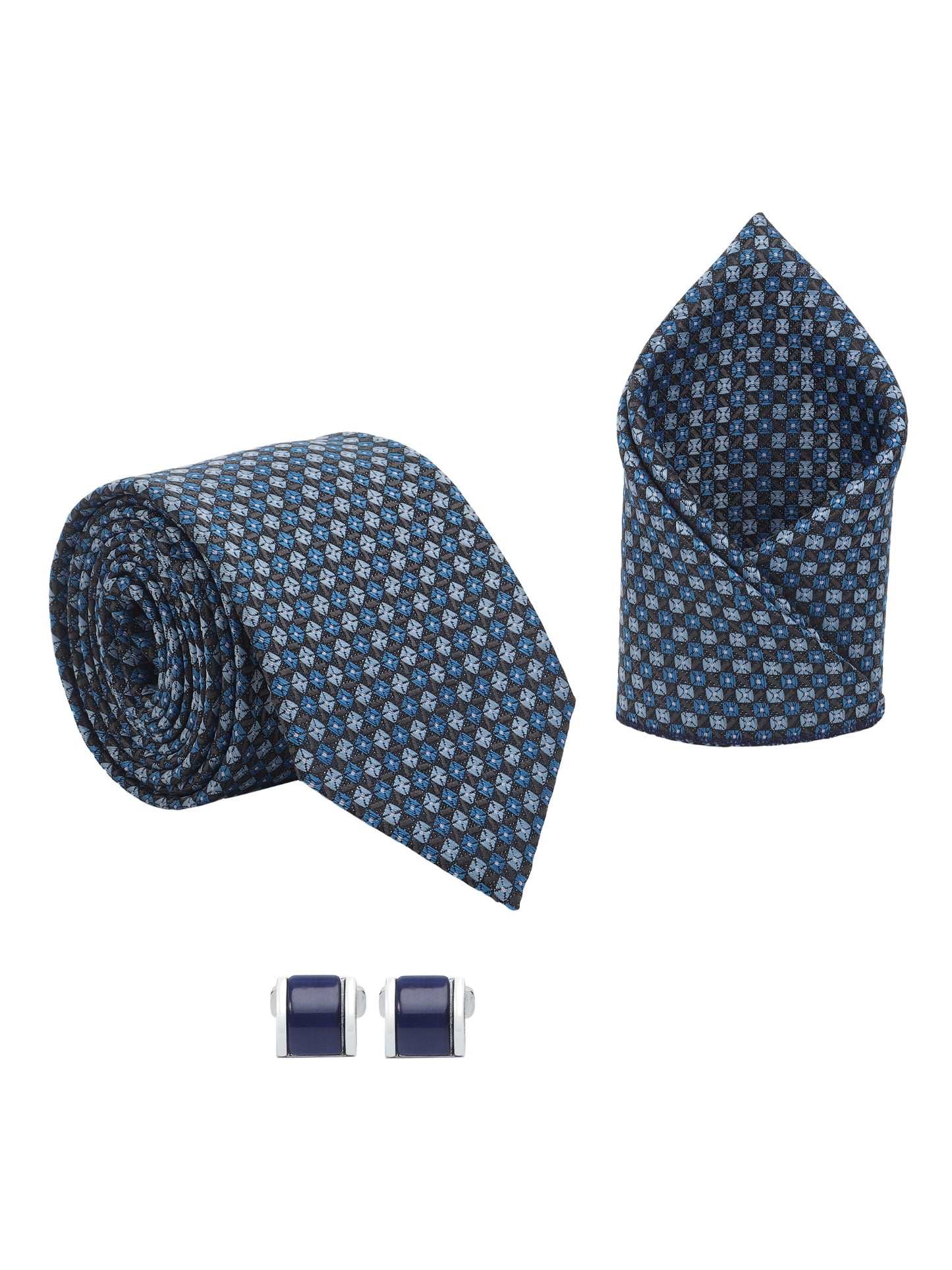 Kanthlangot Men’s 3-Piece Blue Micro-Check Tie Set with Pocket Square & Navy Curved Cufflinks (3-Inch Necktie)