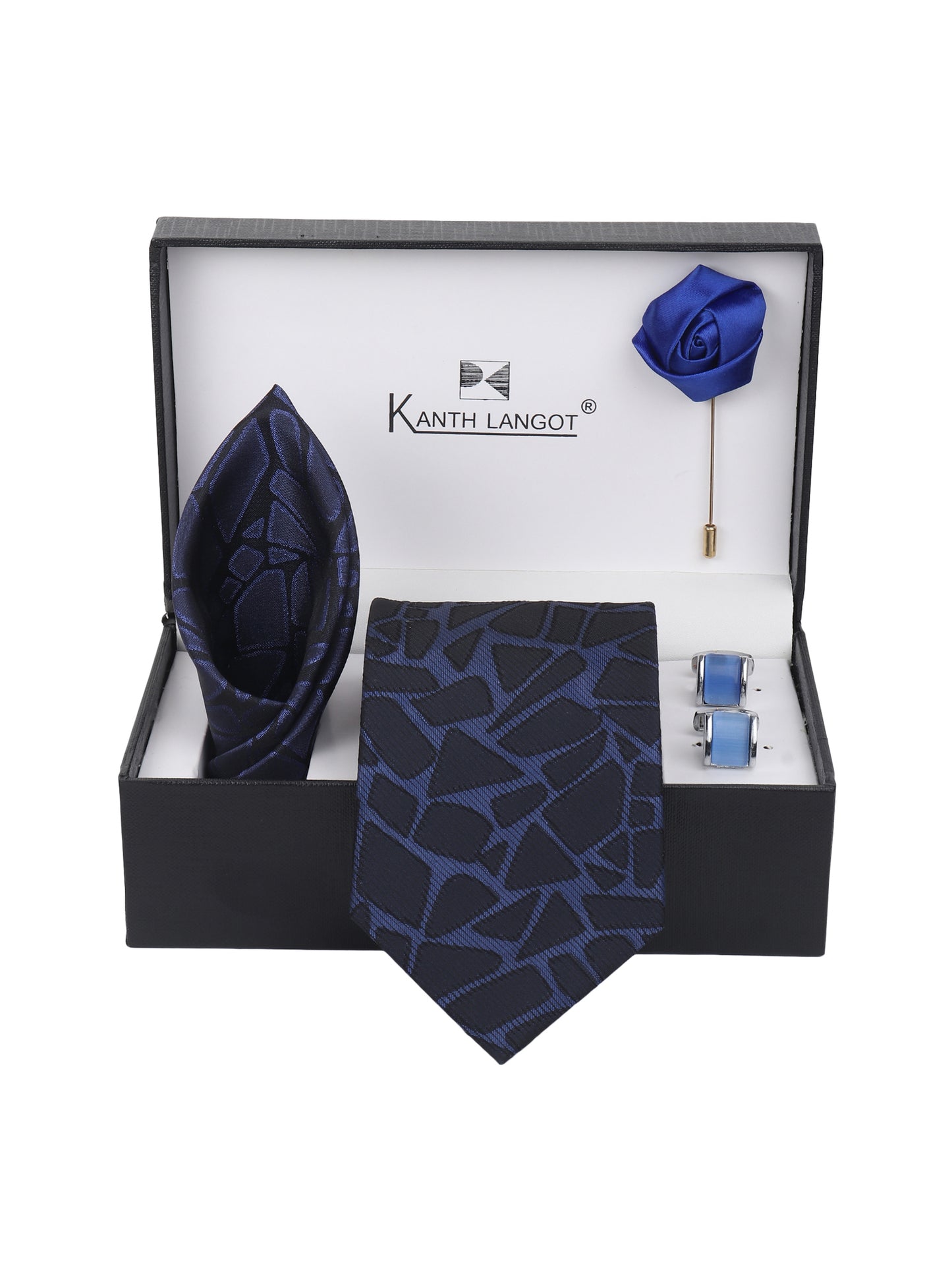 Kanthlangot Navy Geometric Tie Set with Pocket Square, Cufflinks & Royal Blue Lapel Pin