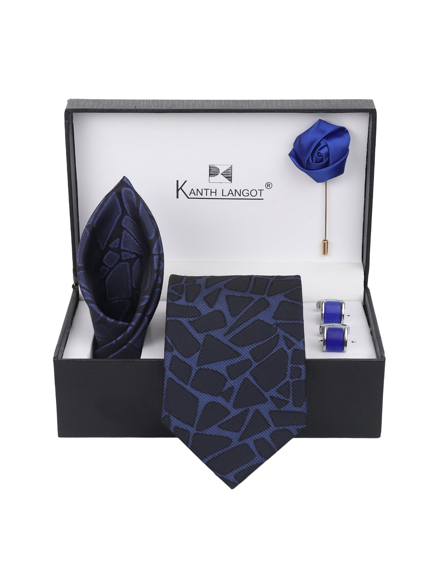 Kanthlangot Navy Mosaic Tie Set with Pocket Square, Blue Cufflinks & Satin Lapel Pin
