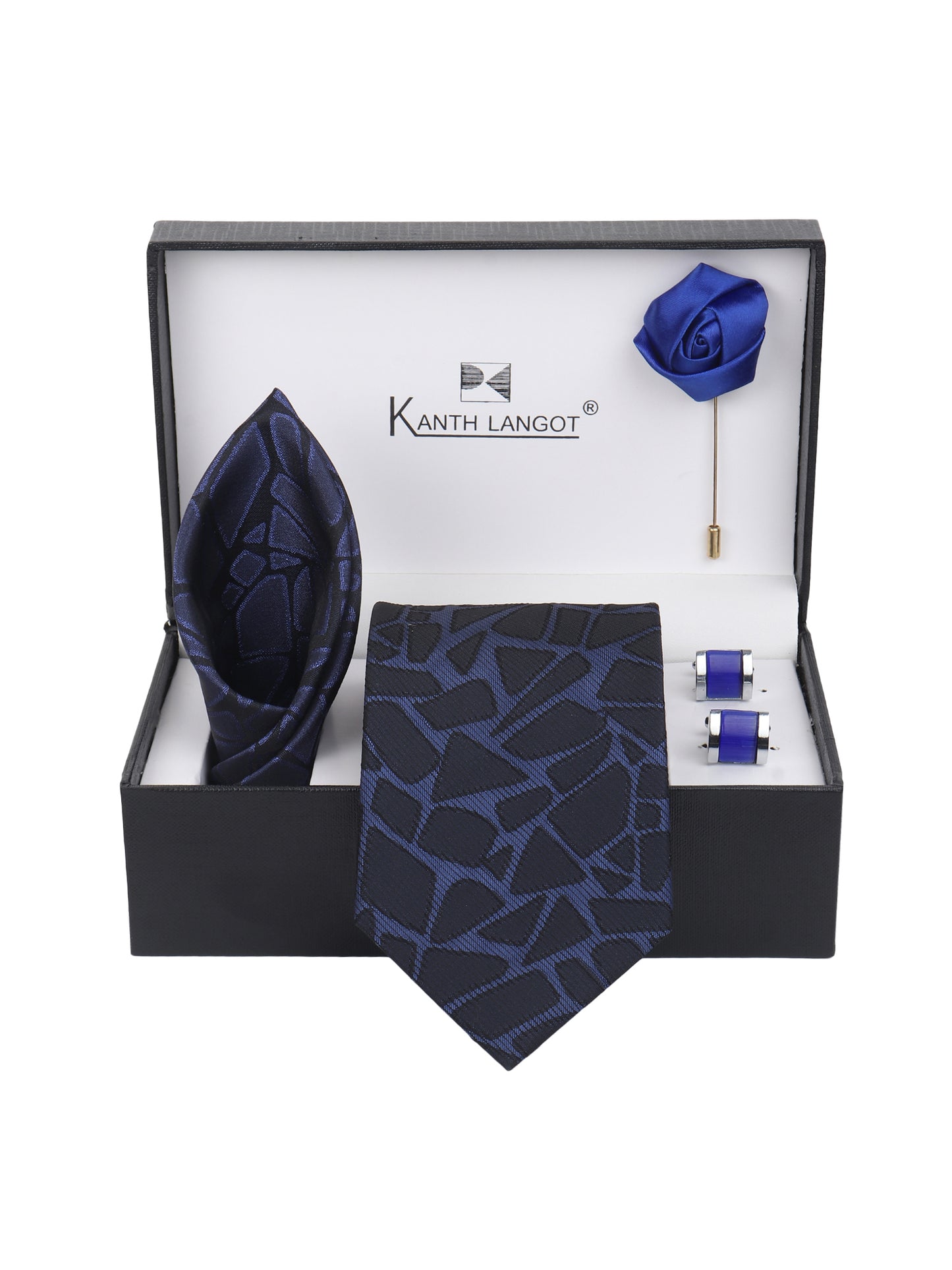 Kanthlangot Royal Blue Mosaic Tie Set with Pocket Square, Blue Cufflinks & Lapel Pin