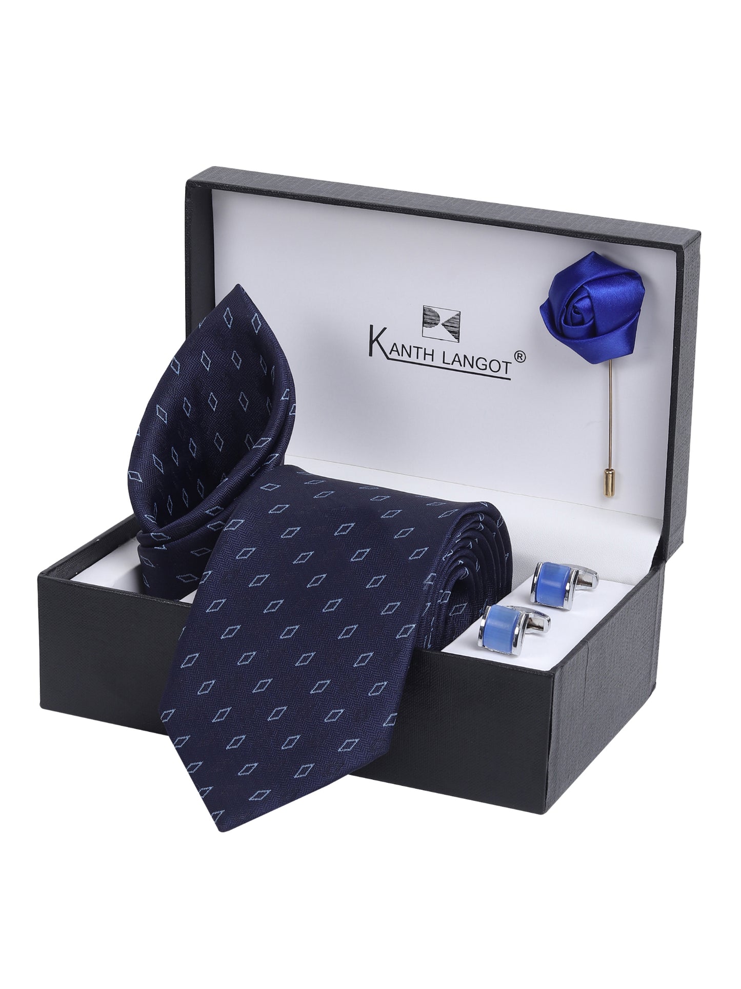 Kanthlangot Navy Diamond Motif Necktie Set with Pocket Square, Cufflinks & Lapel Pin