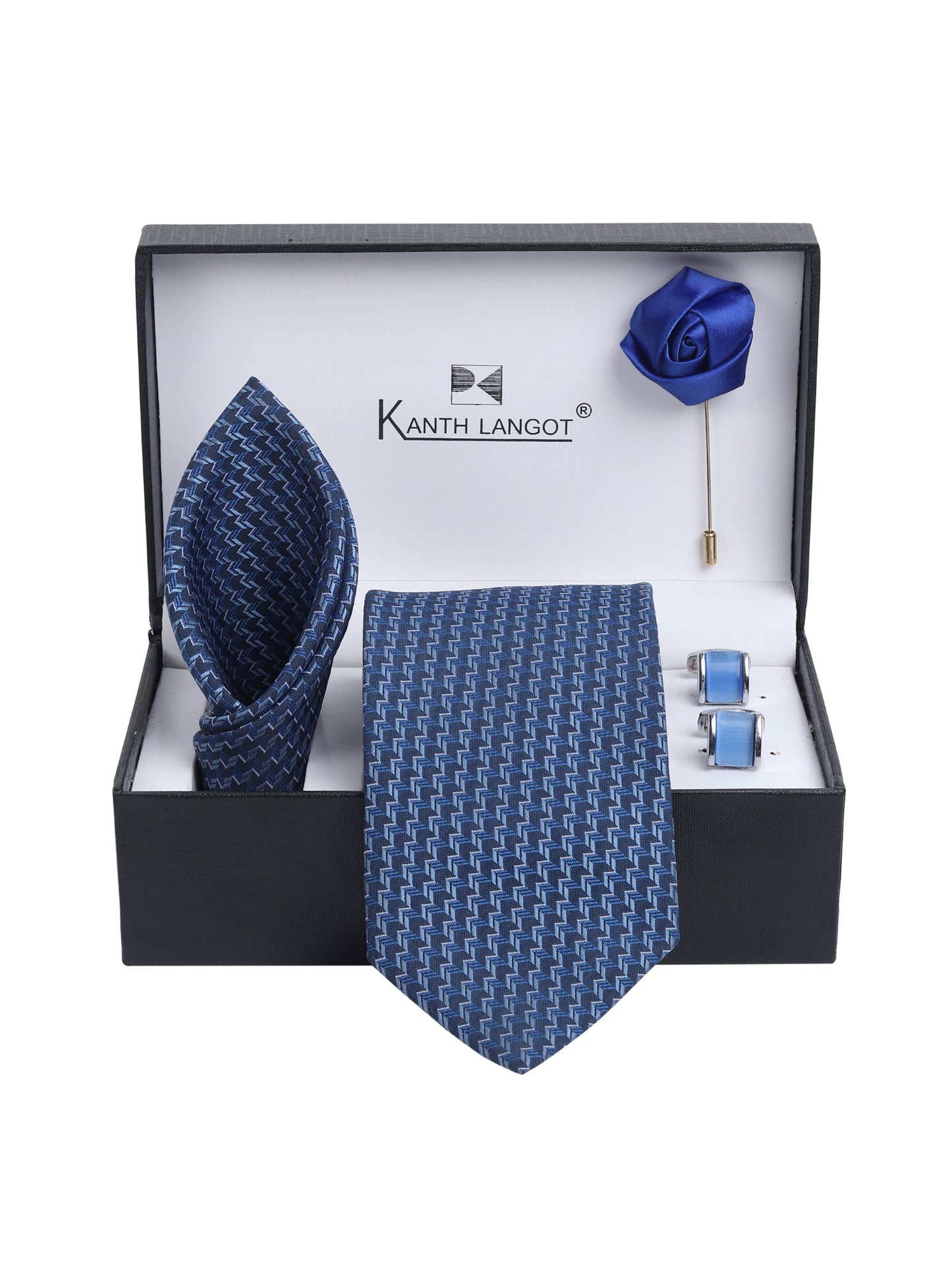 Kanthlangot Blue Zigzag Necktie Gift Set with Pocket Square, Light Blue Cufflinks & Lapel Pin