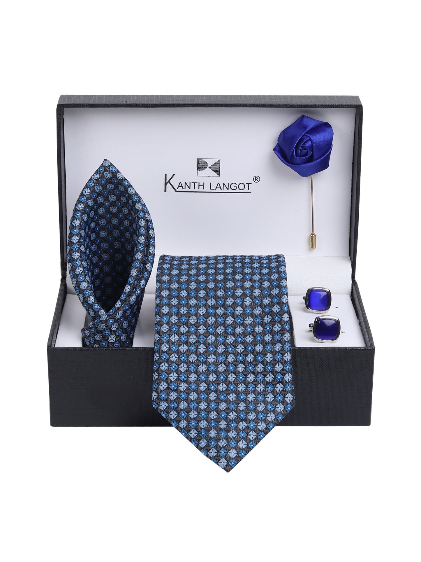 Kanthlangot Blue-Black Checkered Necktie Gift Set with Pocket Square, Blue Cufflinks & Lapel Pin