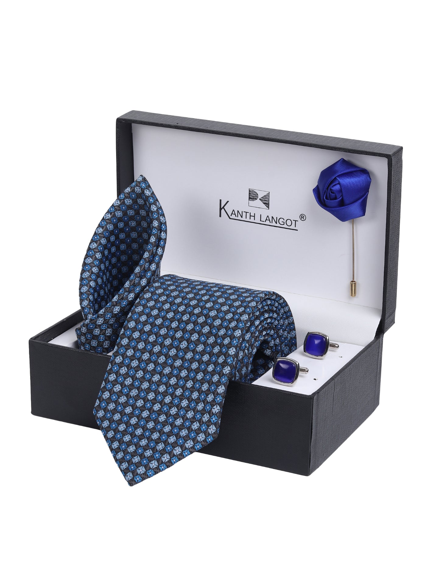 Kanthlangot Blue-Black Checkered Necktie Gift Set with Pocket Square, Blue Cufflinks & Lapel Pin