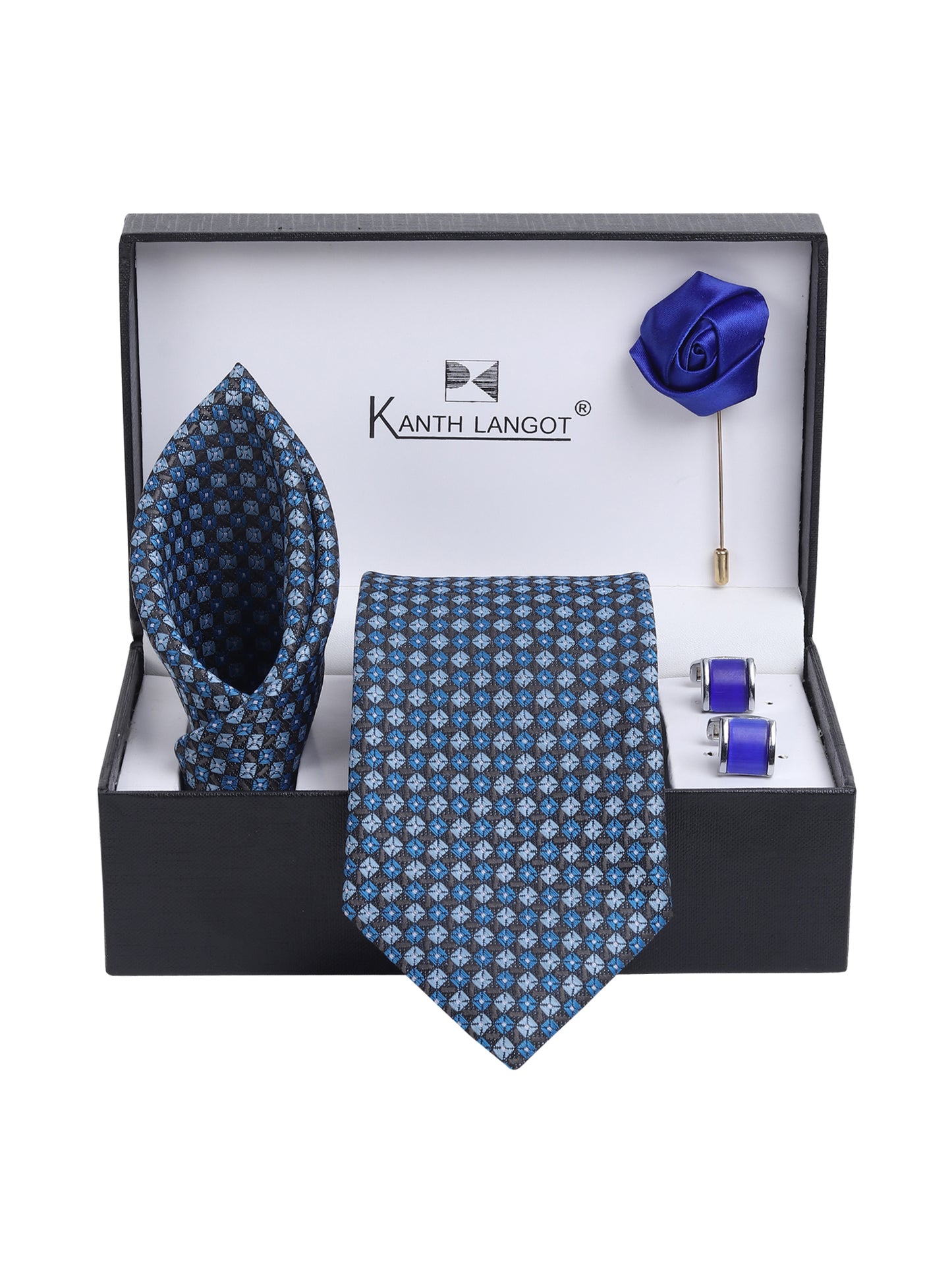 Kanthlangot Blue-Black Checkered Necktie Gift Set with Pocket Square, Vibrant Blue Cufflinks & Lapel Pin