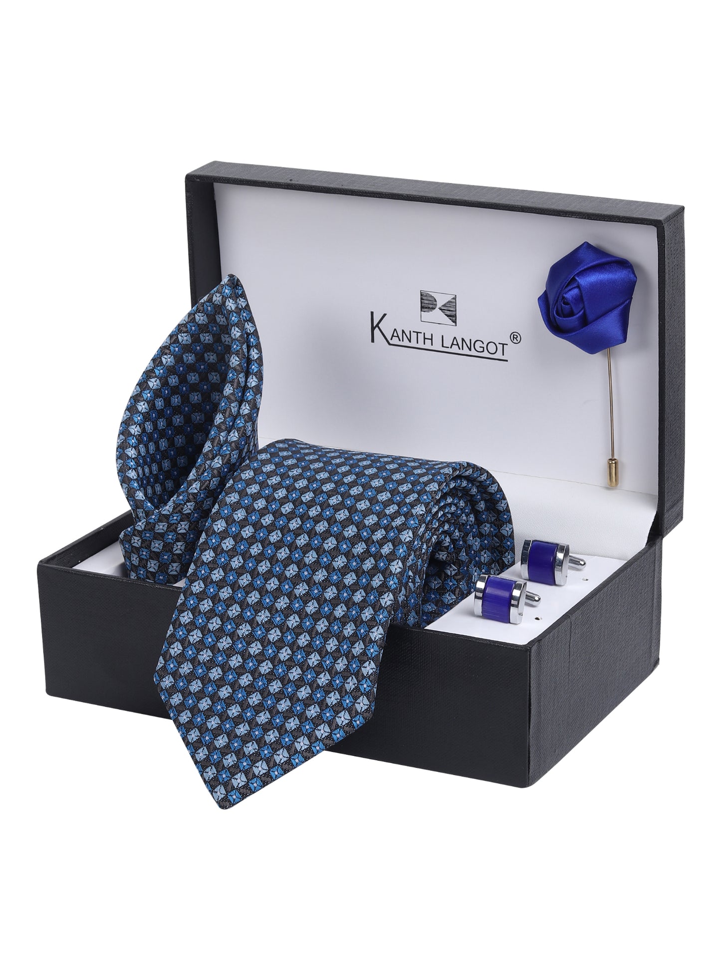 Kanthlangot Blue Checkered Necktie Gift Set with Pocket Square, Purple Cufflinks & Royal Blue Lapel Pin