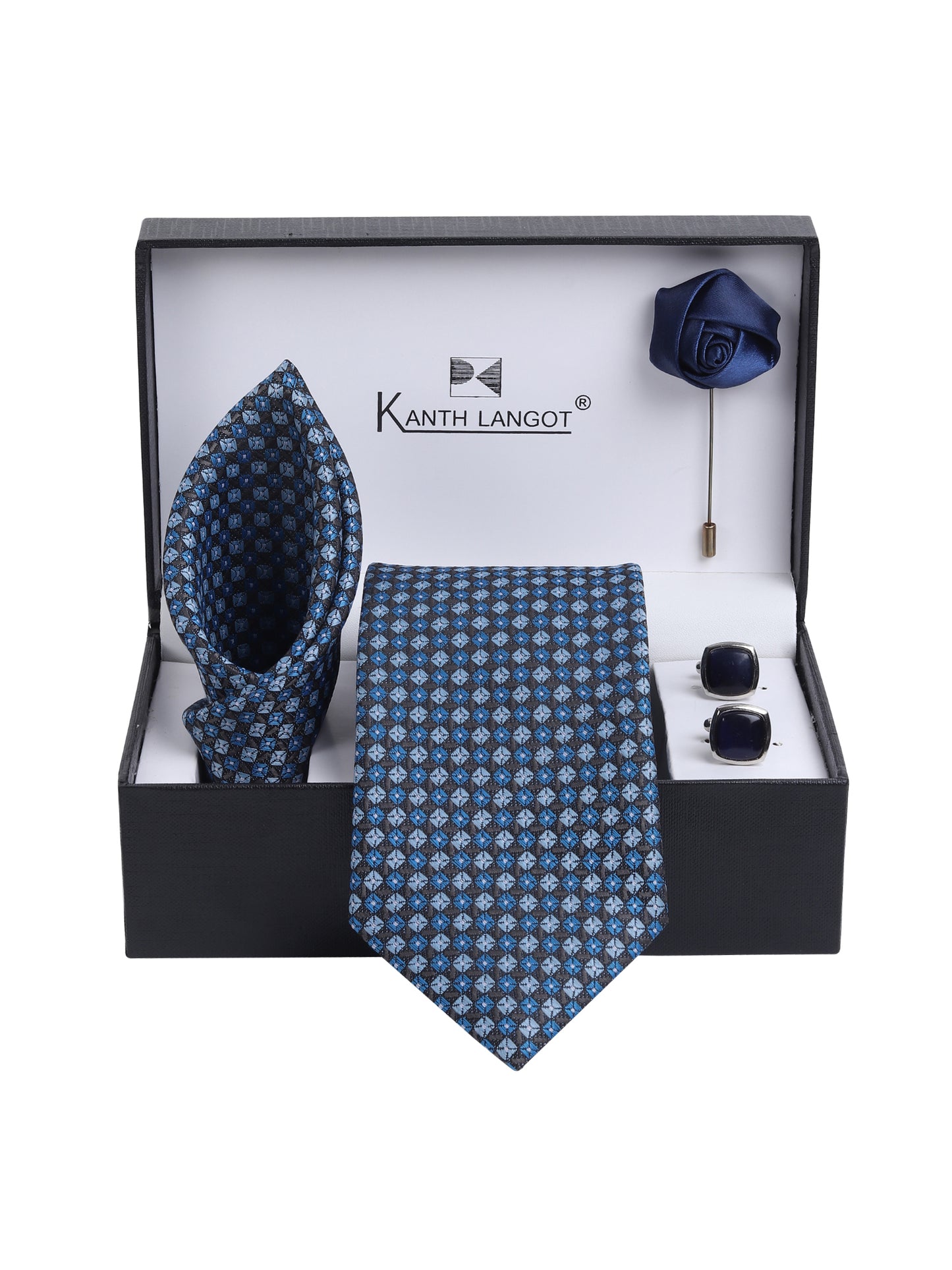 Kanthlangot Blue Checkered Necktie Gift Set with Pocket Square, Cufflinks & Lapel Pin