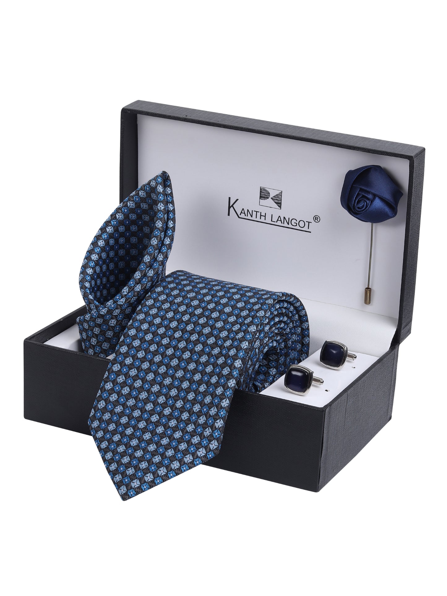 Kanthlangot Blue Checkered Necktie Gift Set with Pocket Square, Cufflinks & Lapel Pin