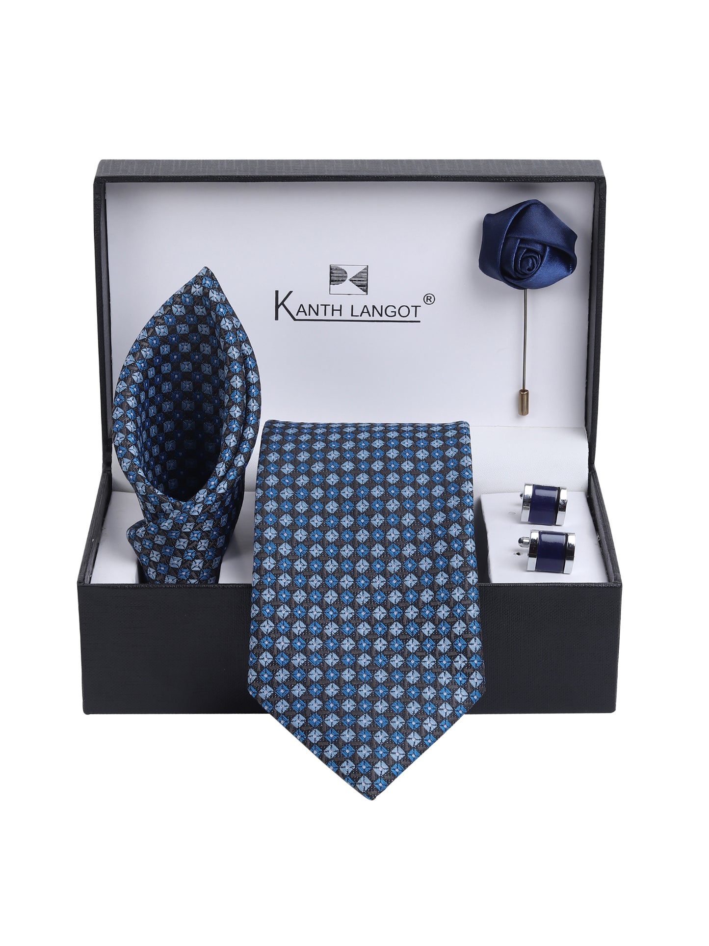 Kanthlangot Men’s Set of 4: Blue Geometric Tie, Pocket Square, Cufflinks & Lapel Pin (Premium Gift Box)