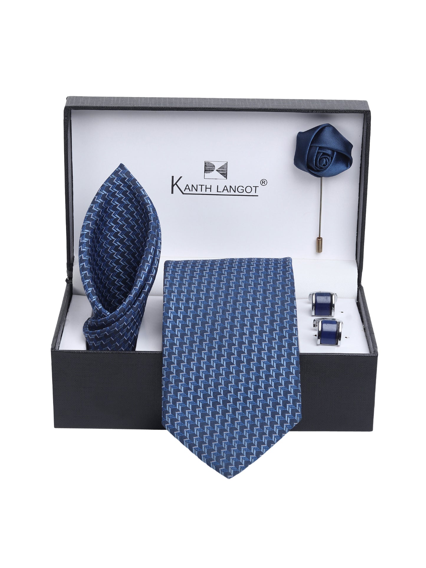 Kanthlangot Navy Zigzag Tie Gift Set with Pocket Square, Dark Blue Thin Bezel Cufflinks & Satin Lapel Pin