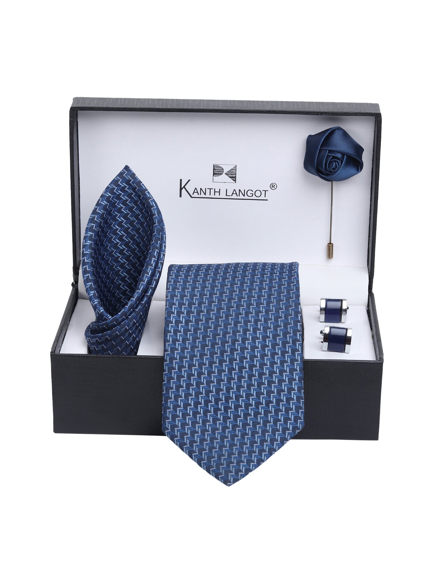 Kanthlangot Men’s Set of 4: Blue Zig-Zag Tie, Pocket Square, Cufflinks & Lapel Pin (Premium Gift Box)