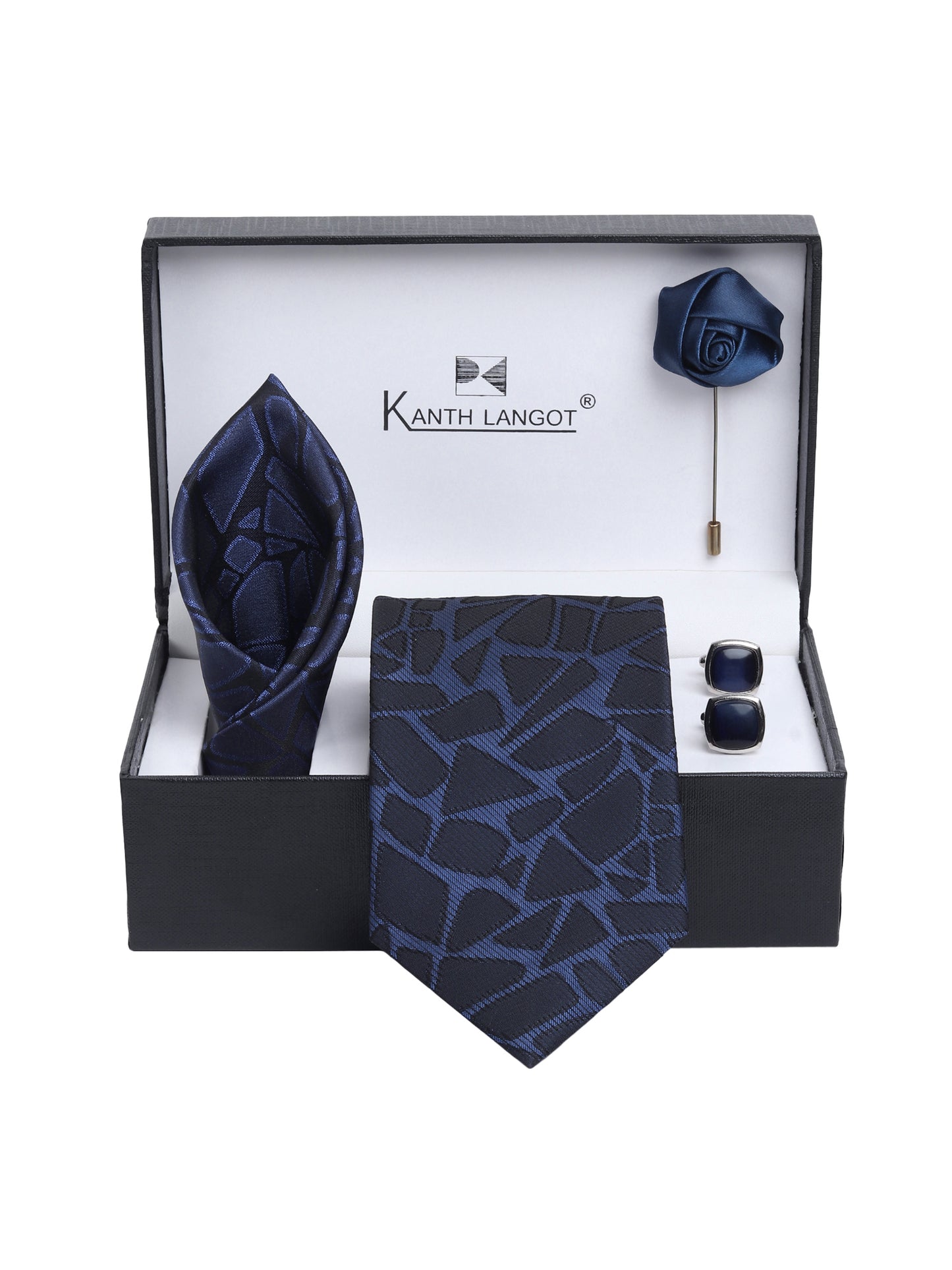 Kanthlangot Navy Blue Geometric Tie Gift Set with Pocket Square, Cufflinks & Lapel Pin