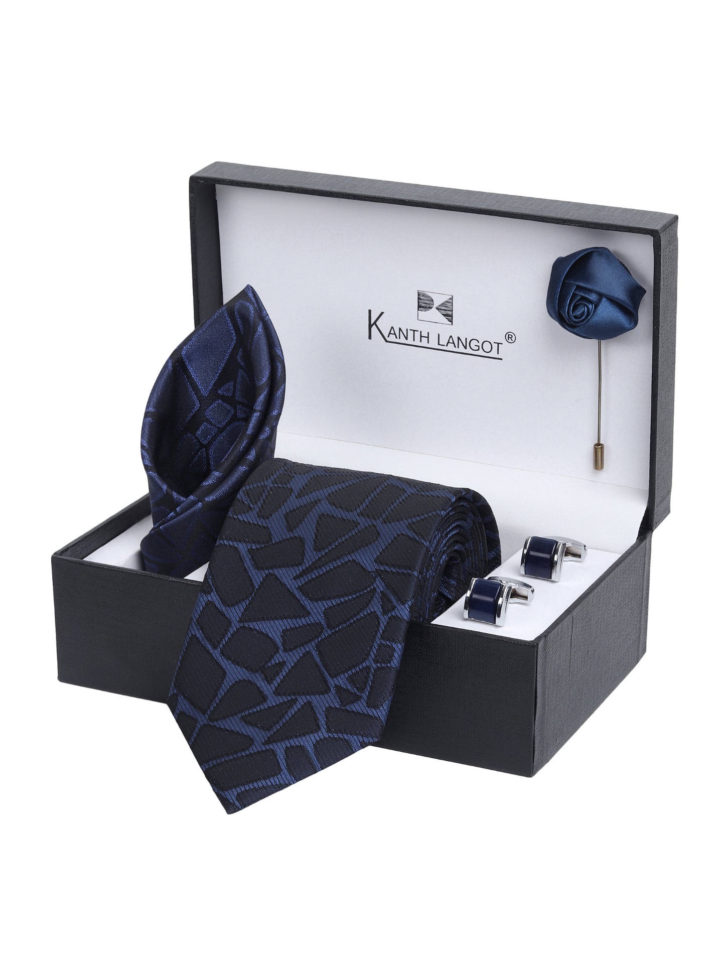 Kanthlangot Navy Blue Abstract Tie Gift Set with Pocket Square, Cufflinks & Lapel Pin
