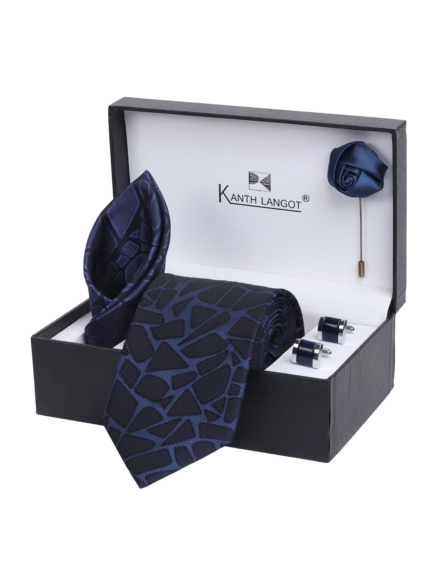 Kanthlangot Men’s Set of 4: Navy Blue Abstract Tie, Pocket Square, Cufflinks & Lapel Pin (Premium Gift Box)