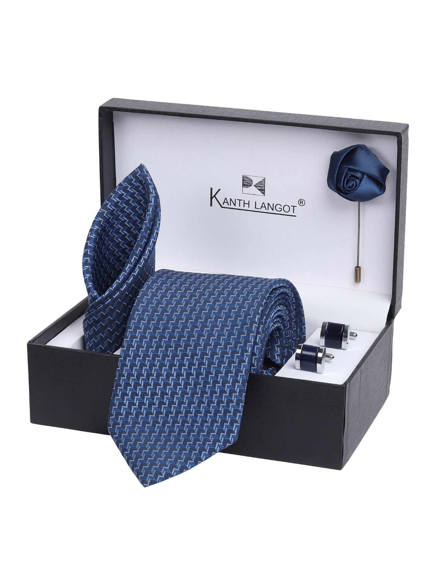 Kanthlangot Men’s Set of 4: Blue Zig-Zag Tie, Pocket Square, Cufflinks & Lapel Pin (Premium Gift Box)