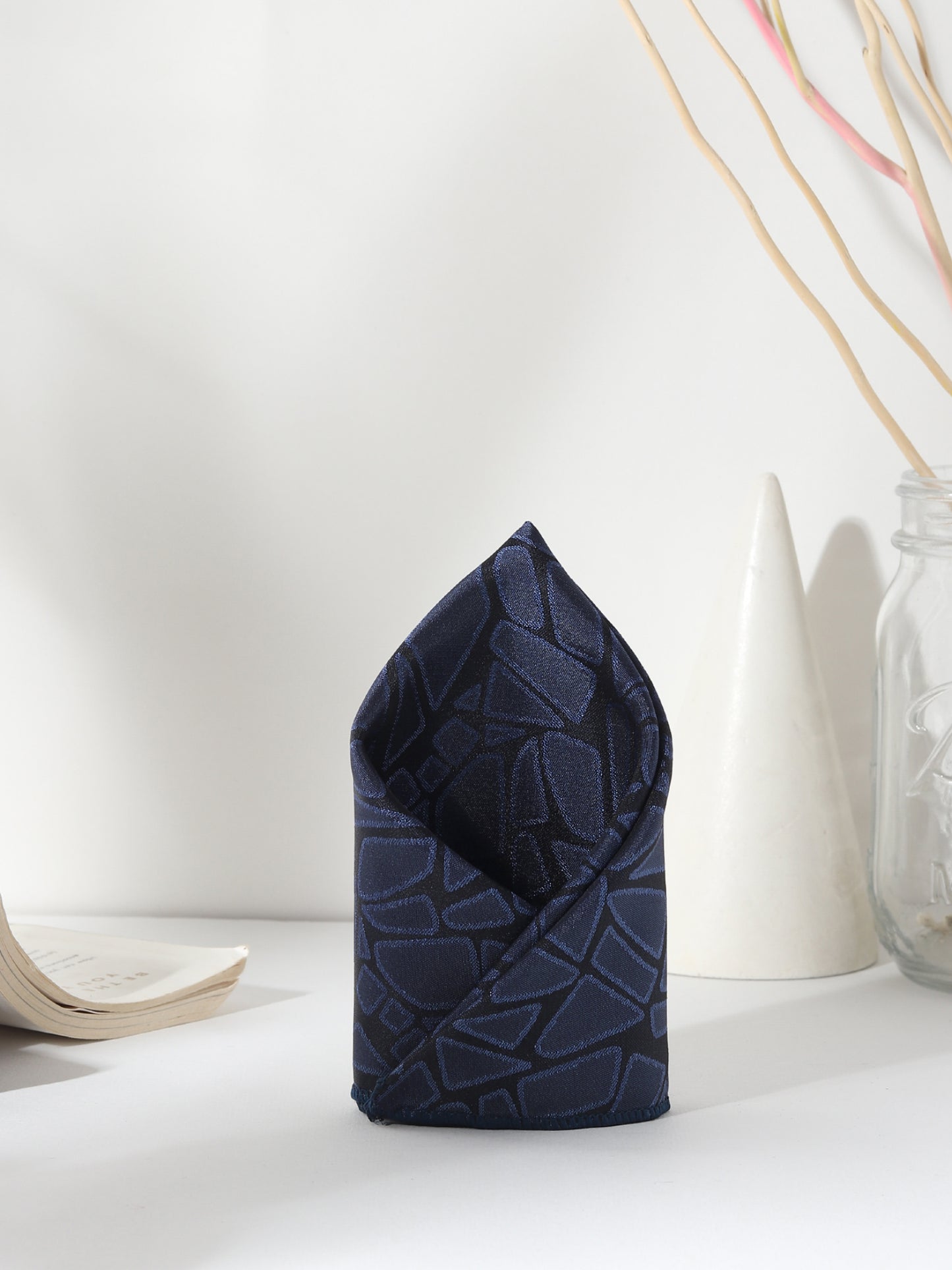 Kanthlangot Navy Blue Abstract Tie Gift Set with Pocket Square, Cufflinks & Lapel Pin