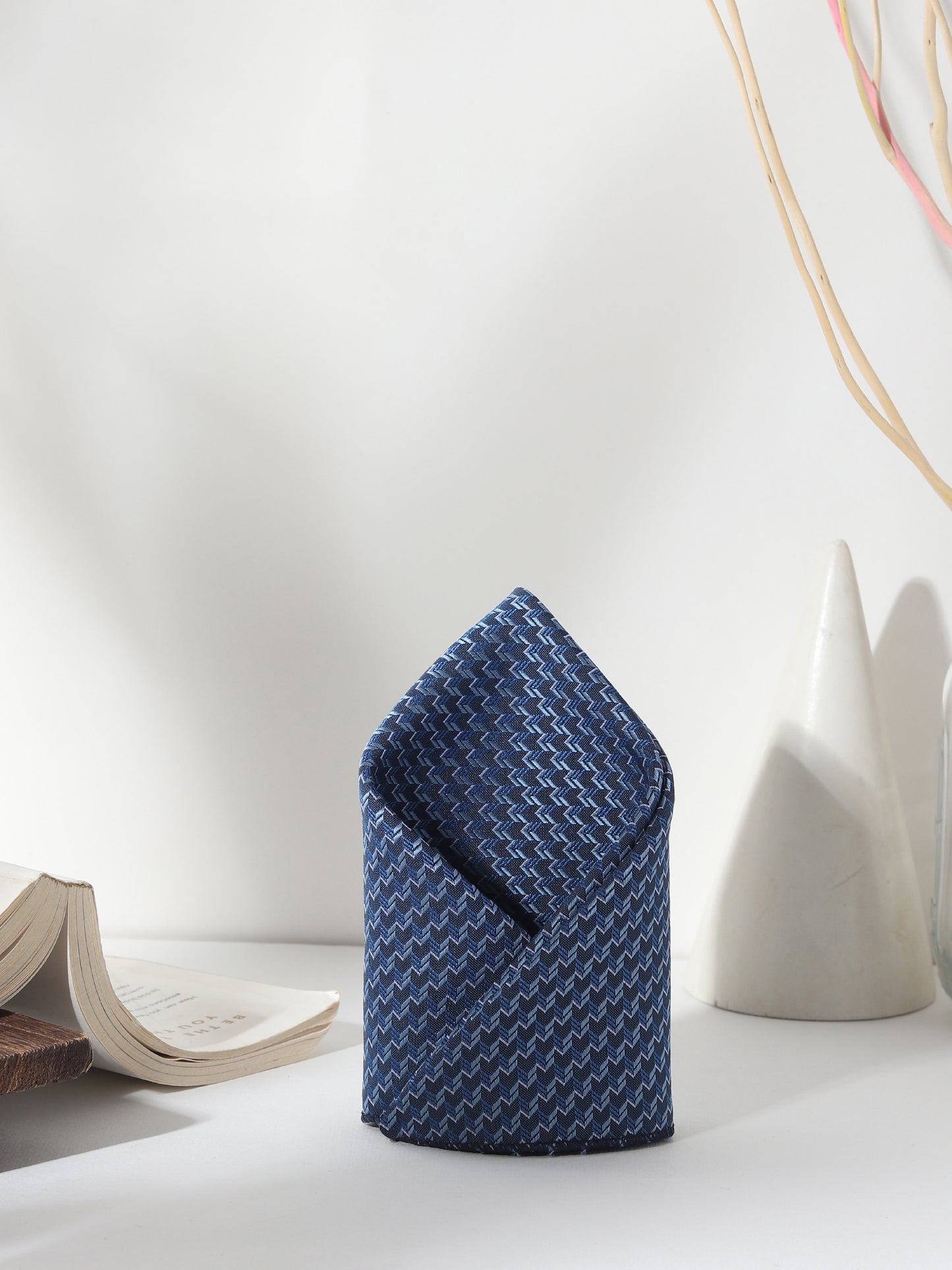 Kanthlangot Navy Zigzag Necktie Gift Set with Pocket Square, Dark Blue Cufflinks & Lapel Pin