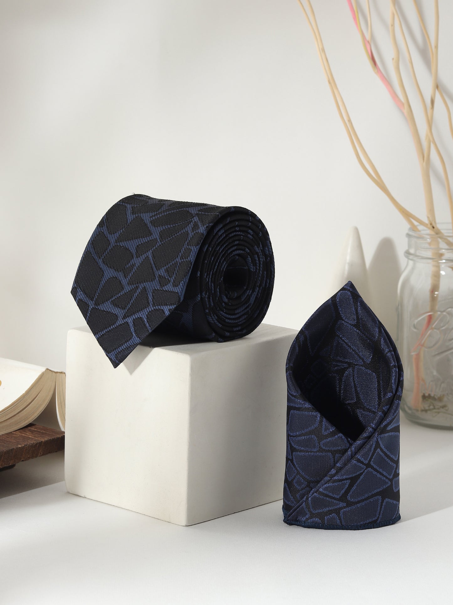 Kanthlangot Navy Geometric Tie Set with Pocket Square, Cufflinks & Royal Blue Lapel Pin