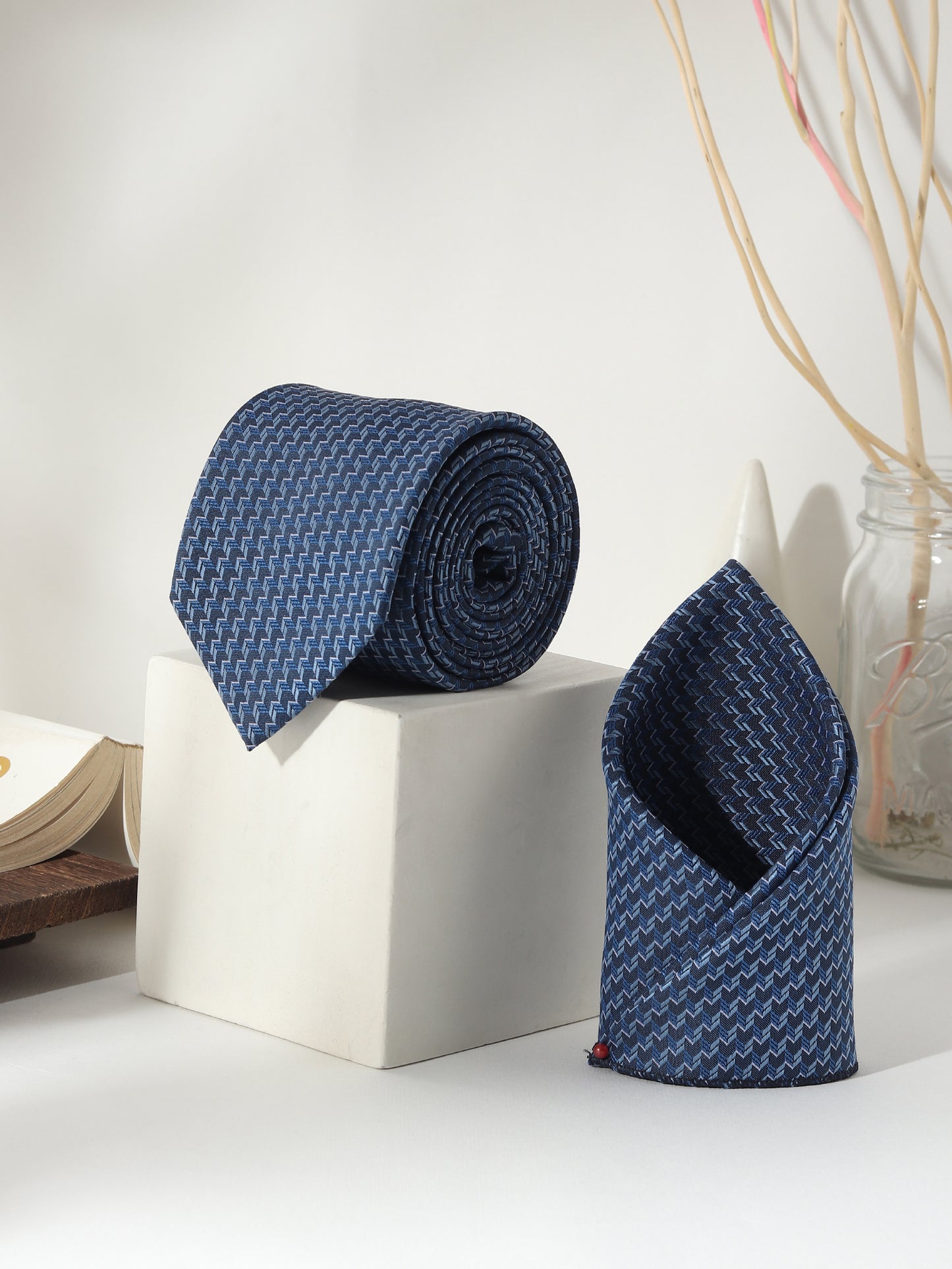 Kanthlangot Navy Zigzag Necktie Gift Set with Pocket Square, Dark Blue Cufflinks & Lapel Pin
