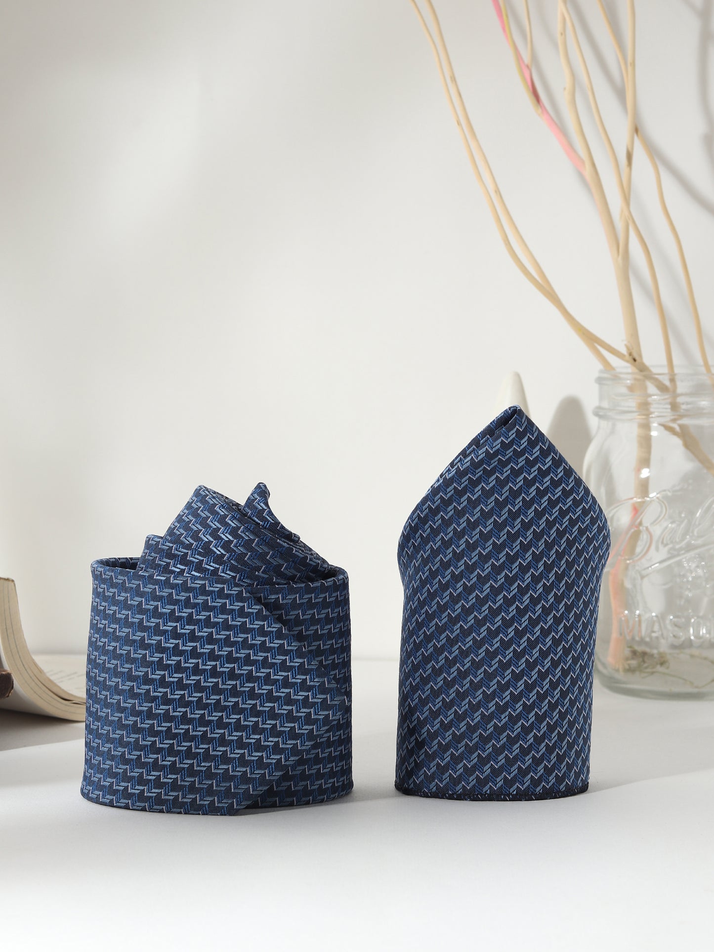 Kanthlangot Zigzag Navy Tie Gift Set with Pocket Square, Square Blue Cufflinks & Lapel Pin