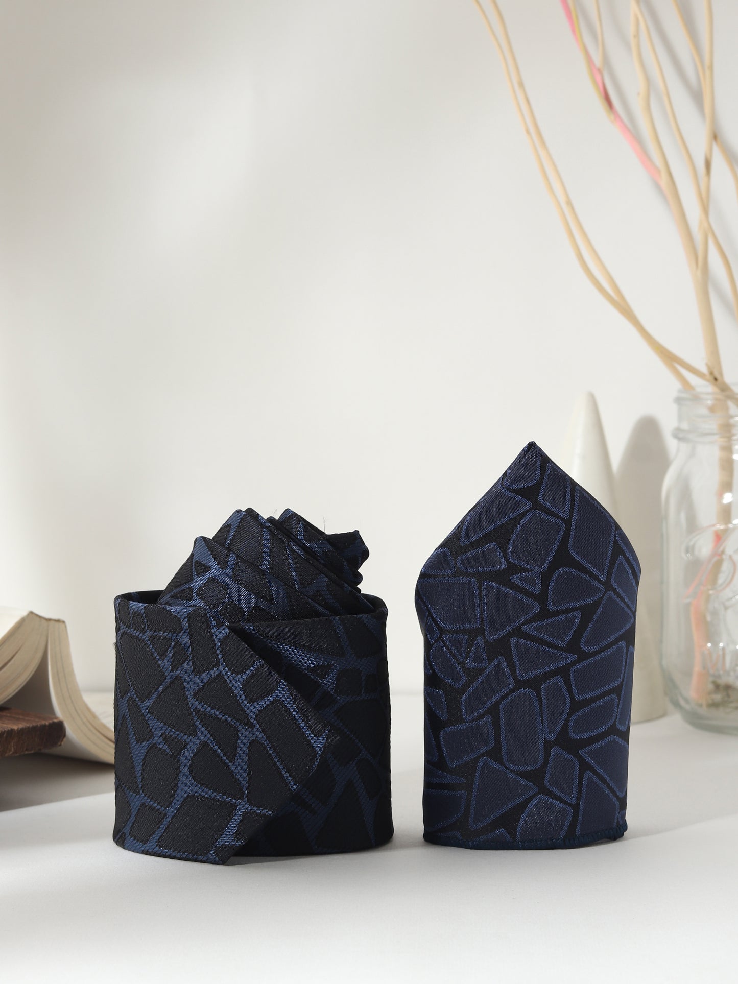 Kanthlangot Navy Blue Abstract Tie Gift Set with Pocket Square, Cufflinks & Lapel Pin