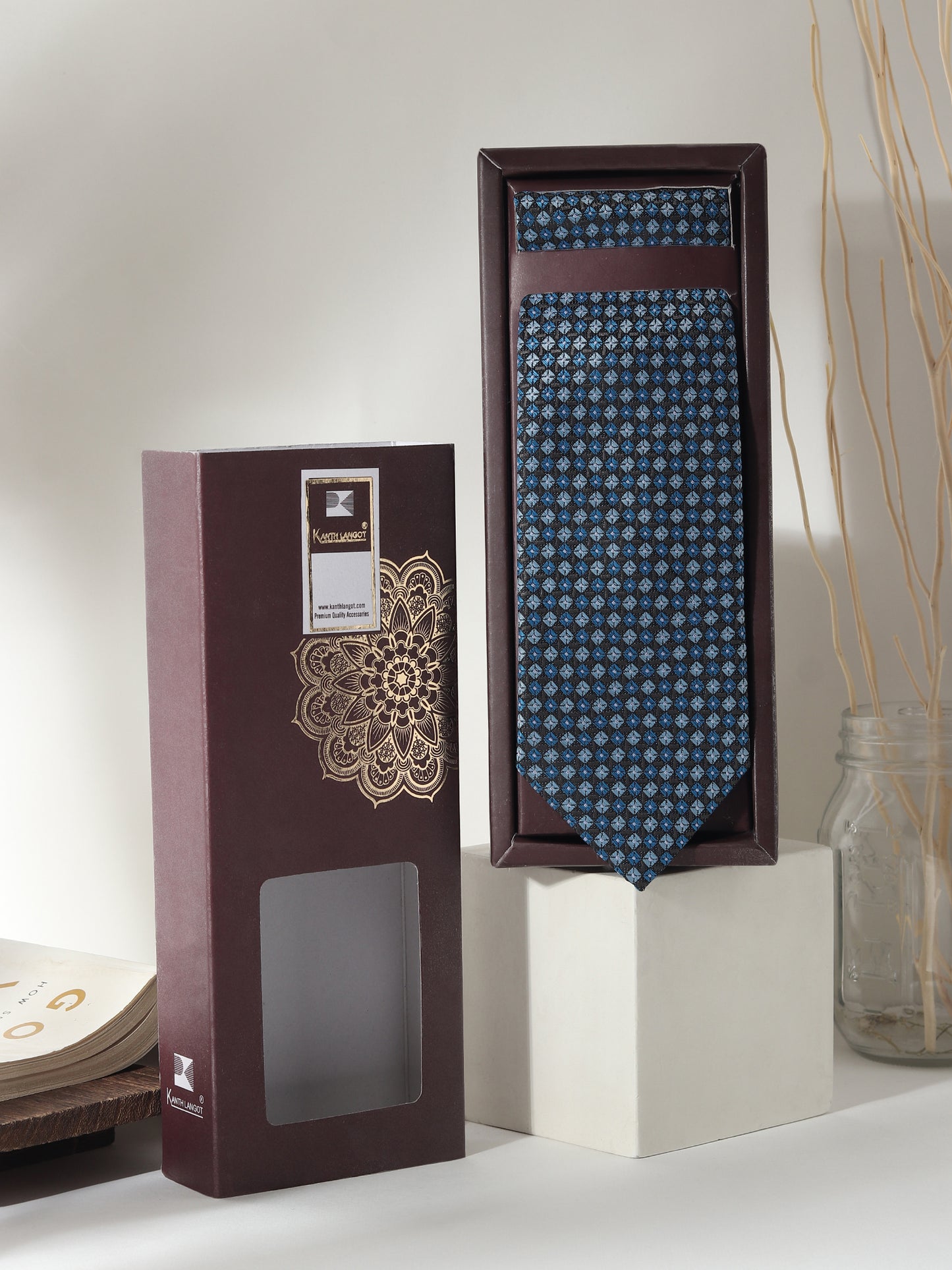 Kanthlangot Men’s 3-Piece Blue Grid Tie Set with Pocket Square & Royal Blue Cufflinks (3-Inch Necktie)