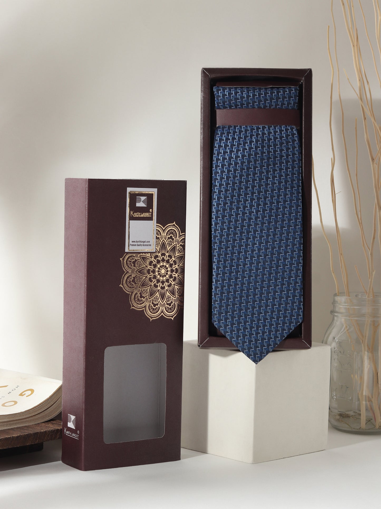 Kanthlangot Men’s 3-Piece Navy Zigzag Tie Set with Pocket Square & Royal Blue Barrel Cufflinks (3-Inch Necktie)
