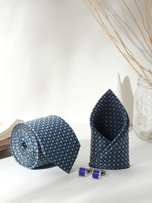 Elegant navy tie set with royal blue barrel cufflinks. A signature Kanthlangot pick for modern Indian men who dress sharp for every occasion.