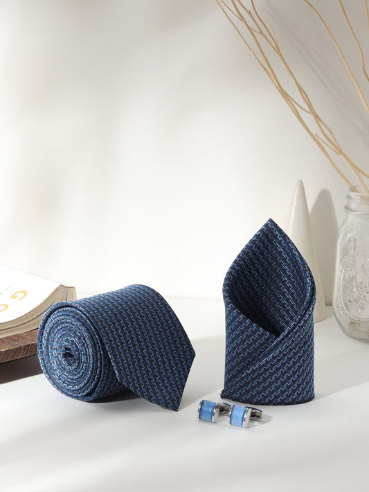 Kanthlangot Men’s 3-Piece Blue Zigzag Tie Set with Pocket Square & Sky Cufflinks (3-Inch Necktie)