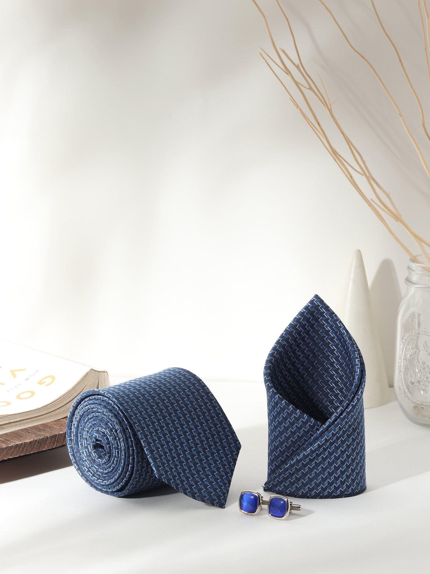 Kanthlangot Men’s 3-Piece Navy Chevron Tie Set with Pocket Square & Royal Blue Cushion Cufflinks (3-Inch Necktie)