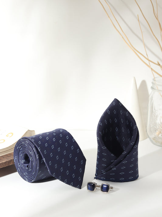 Kanthlangot Men’s 3-Piece Navy Diamond Tie Set with Pocket Square & Deep Navy Cufflinks (3-Inch Necktie)